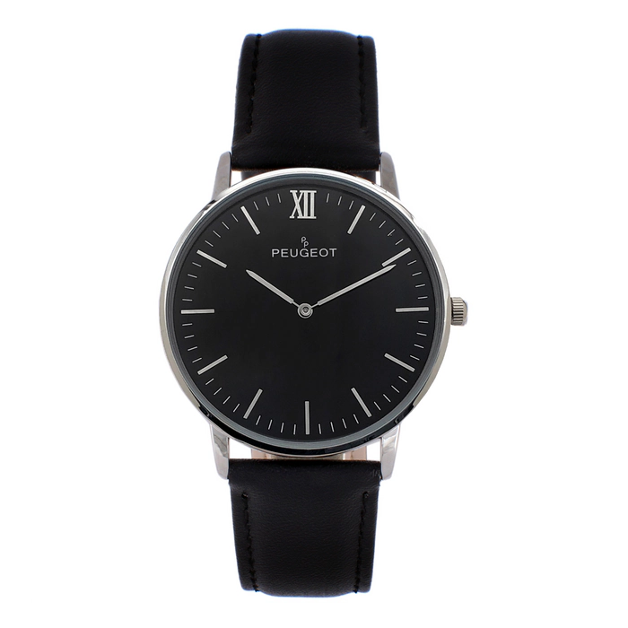 Peugeot Men's 40mm Black Dial Silver Super Slim Case Leather Strap Watch