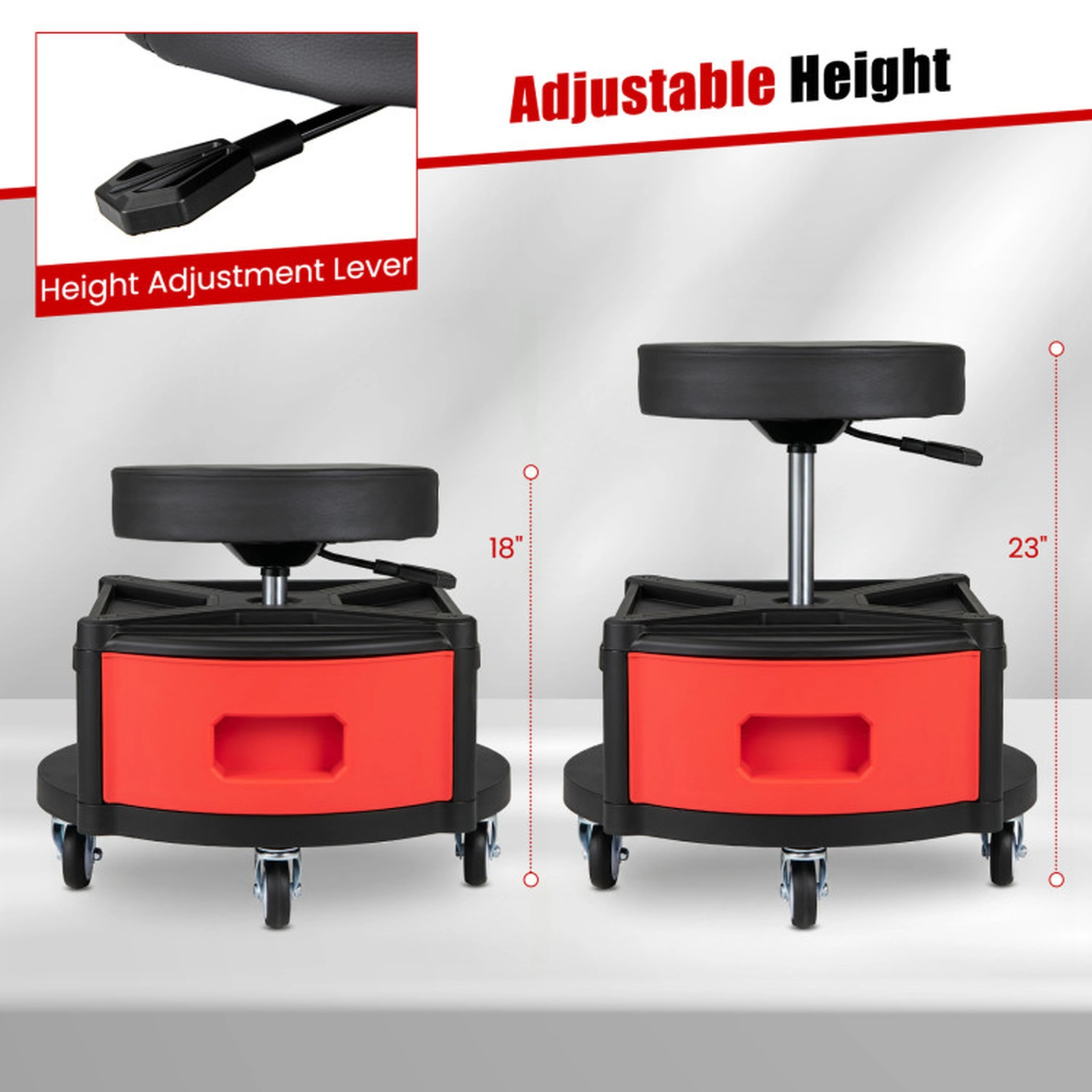 SUGIFT 330-lb Capacity Adjustable Rolling Work Stool with Dual Tool Trays 3 Drawers and 5 Wheels