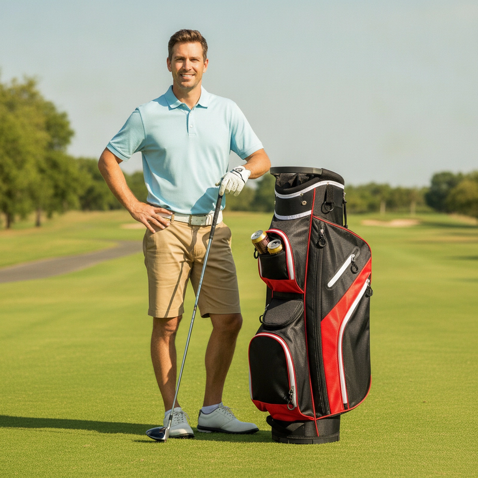 Golf Cart Bag 14-Way Top Dividers 9 Zippered Pockets Zip-Open Rain Hood Lift Assist Handles Red Polyester