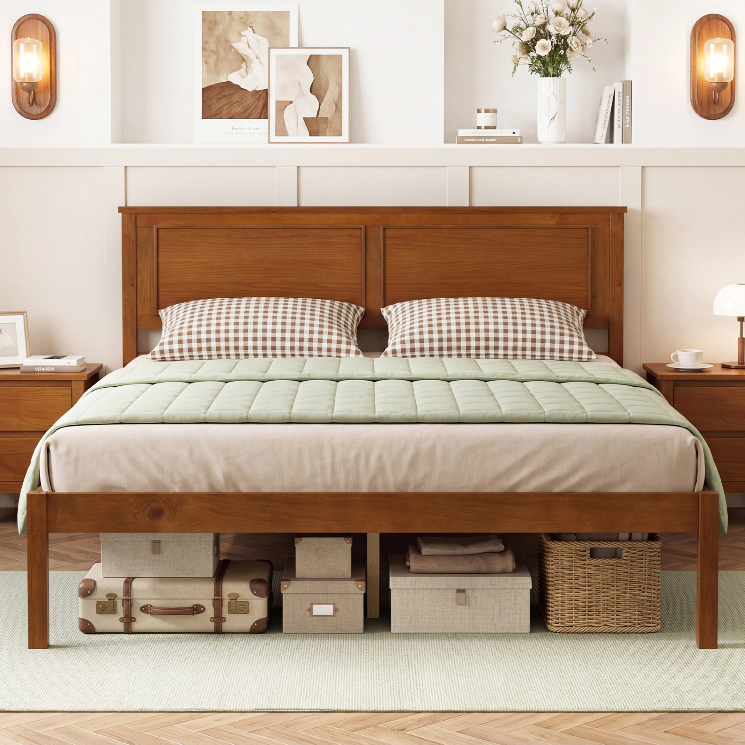 LJG Full/Queen/Twin Bed Frame Farmhouse Wooden Platform with Headboard