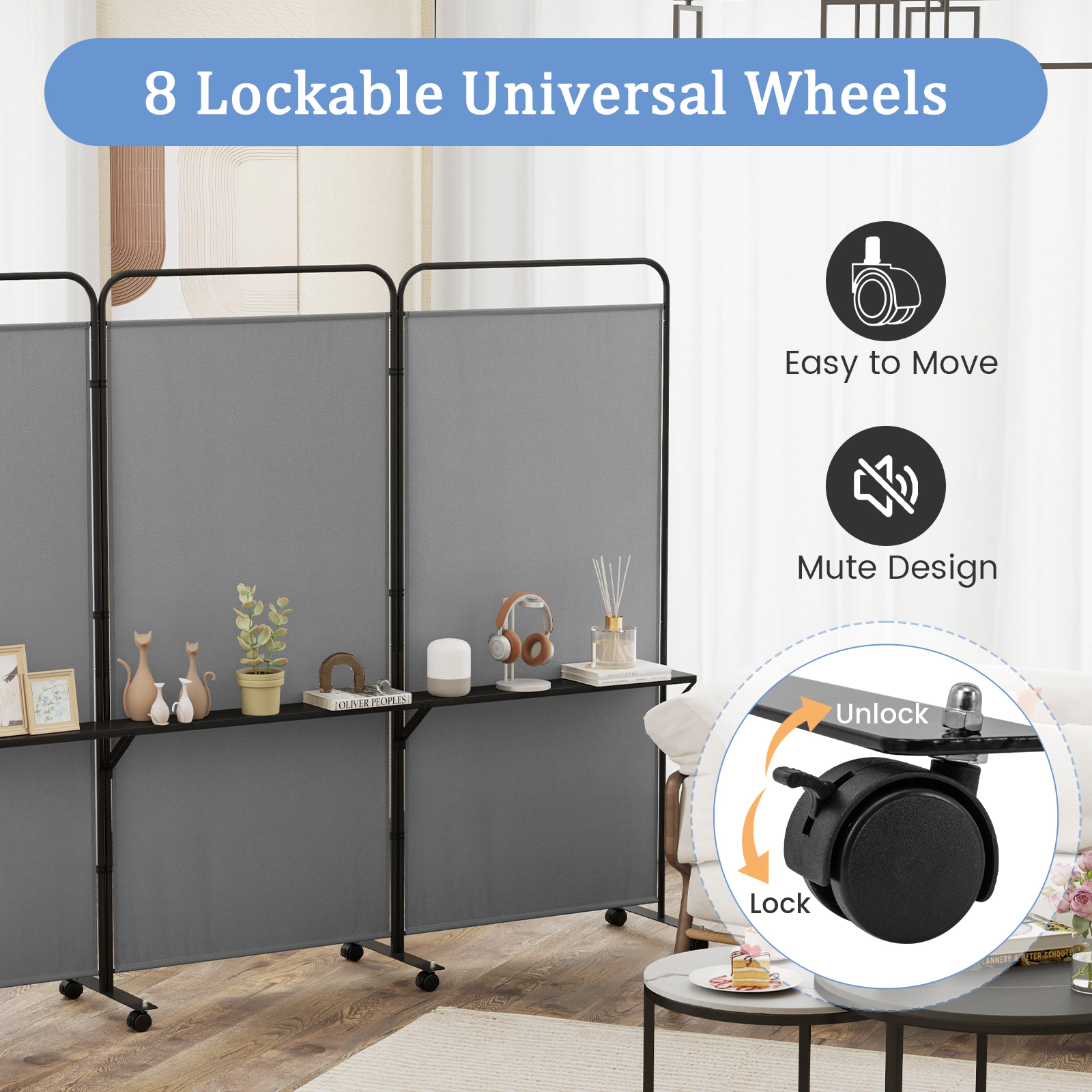 SUGIFT 3-Panel Freestanding 3 Metal Shelves Rolling Room Divider Screen 103-in x 18-in x 74-in 30-in Shelf Height Gray