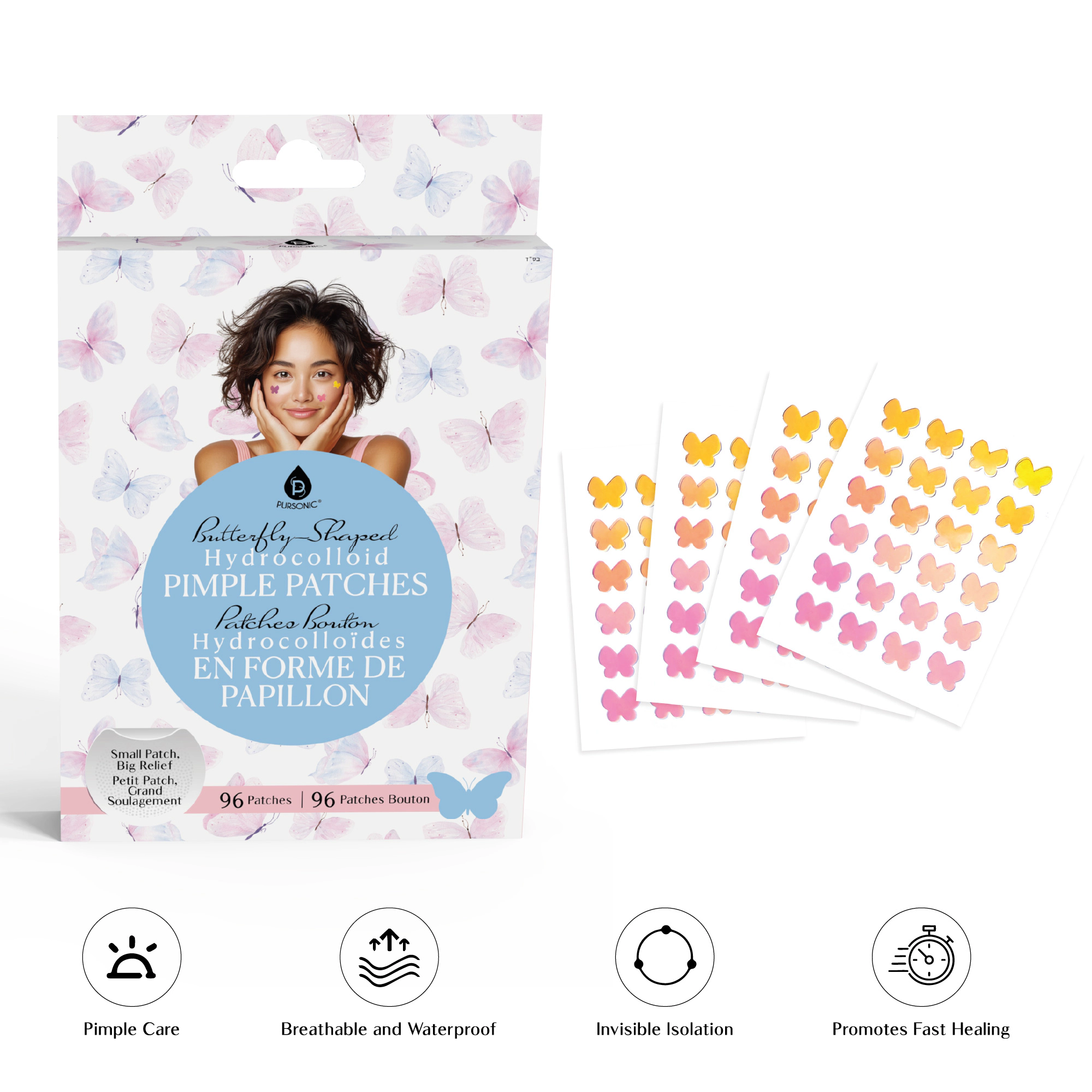 Pursonic Women’s Hydrocolloid Acne Treatment Pimple Patches – Butterfly-Shaped Blemish Care Spot Covers 96-Pack