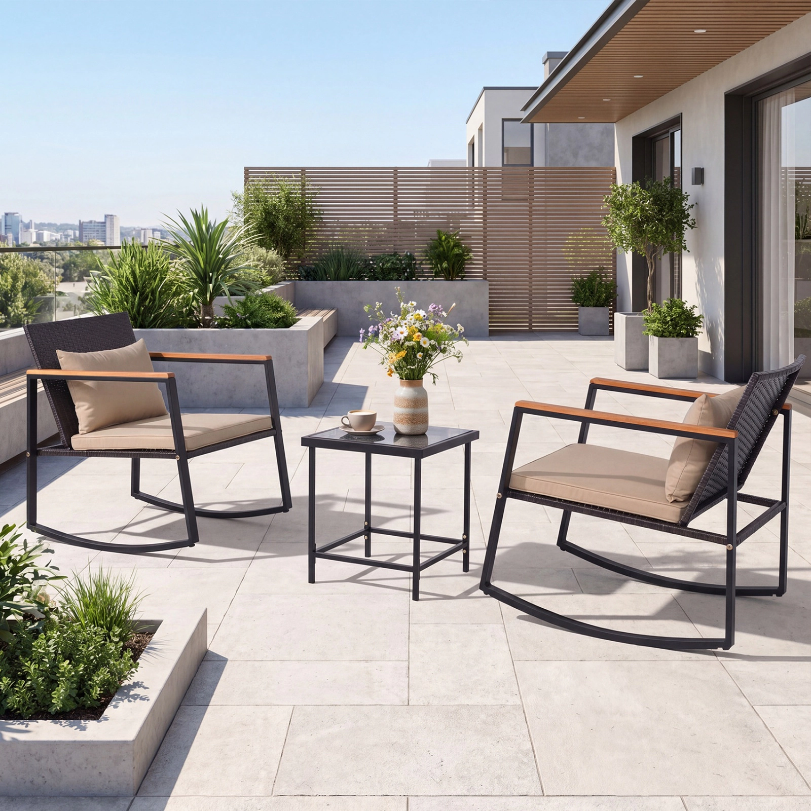SUGIFT Outdoor Rocking Conversation Bistro Set with Cushions & Tempered Glass Table 397-lb Chair Capacity Brown & Black