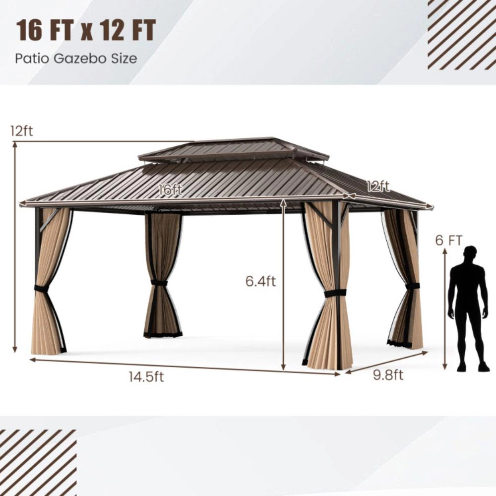 Hivvago 16 x 12 FT Hardtop Gazebo Outdoor Pergola for Patio Garden Deck Lawn Backyard Party Tent-Coffee