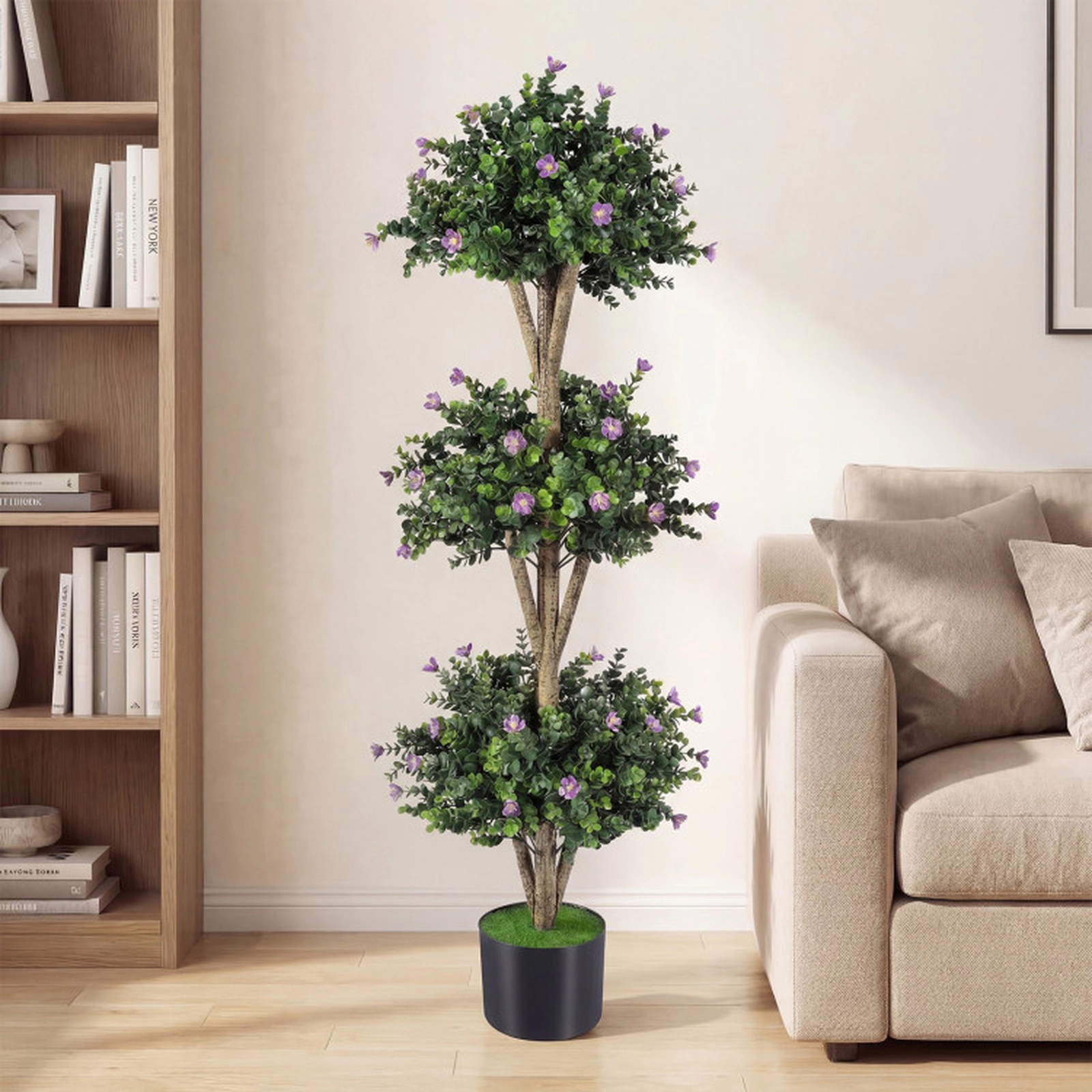 SUGIFT Triple Ball 59 Blossoms Cement-Filled Pot Artificial Boxwood Topiary Tree 51-in Tall 7-in Pot 11.5-lb Purple