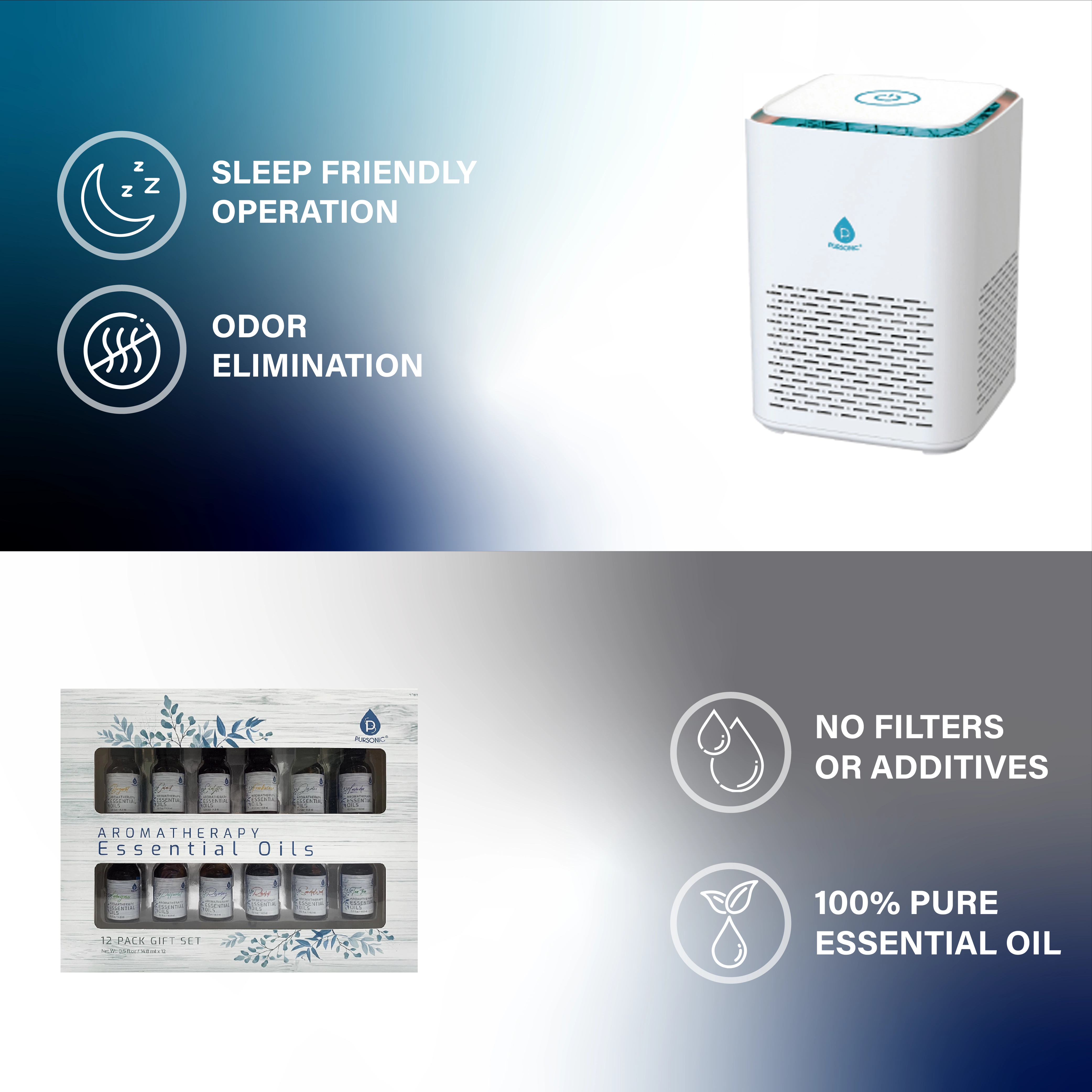 Pursonic Unisex Clean Air Purifying & Aromatherapy Essential Oil Wellness Bundle