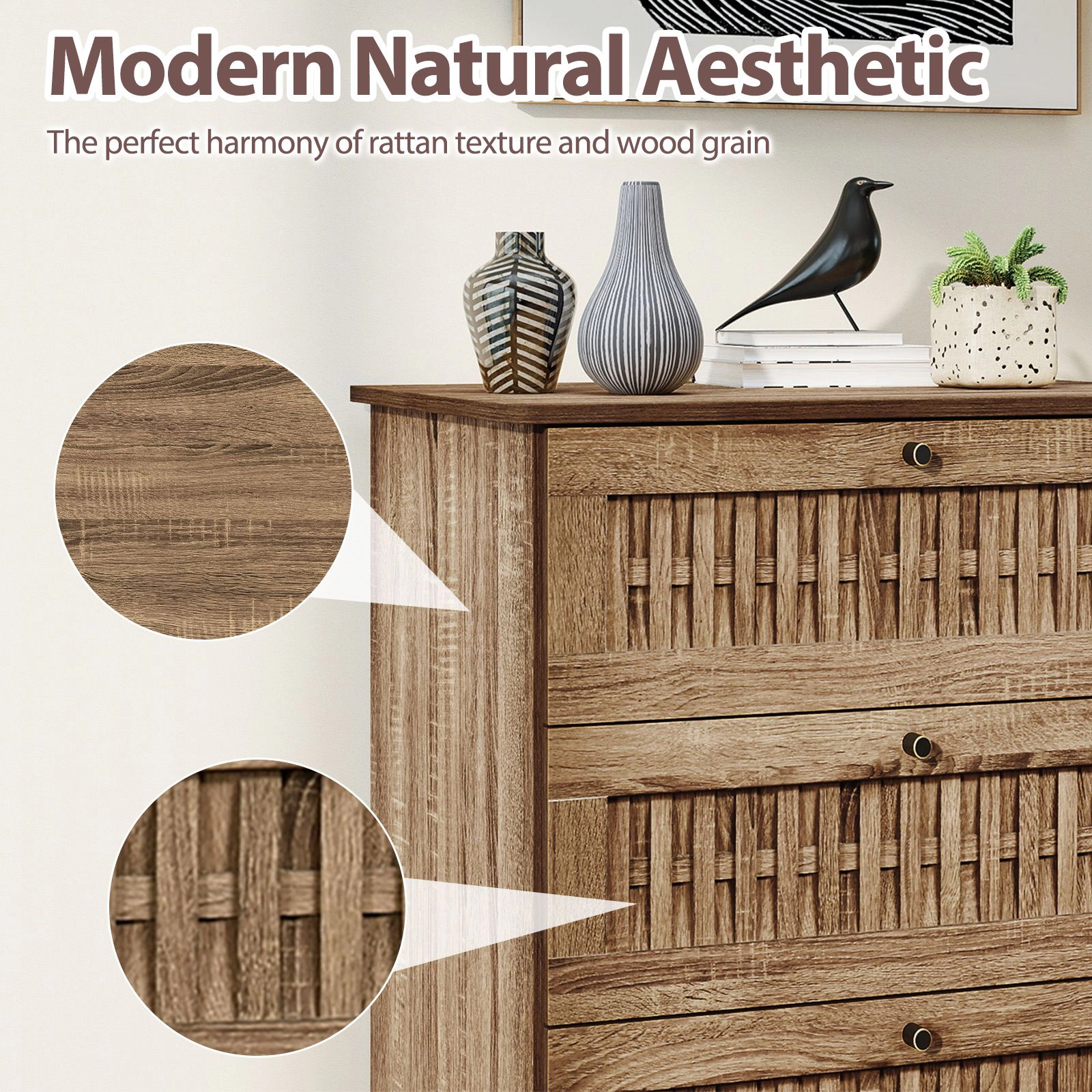 SlickBlue 4-Drawer Bedroom Dresser with Rattan Texture & Metal Legs