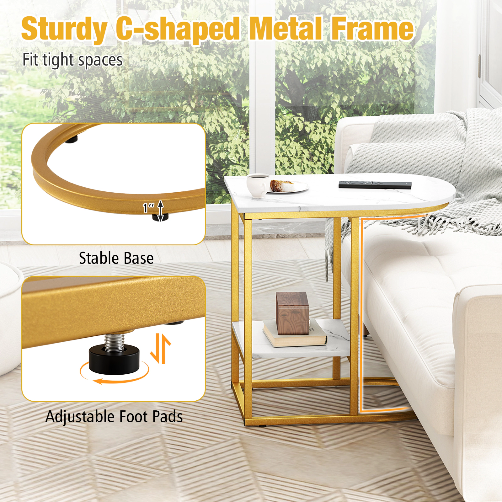 SUGIFT Faux Marble Top and Storage Shelf White C-Shaped Sofa Side Table