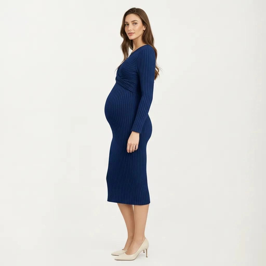 Anna-Kaci Women's Ribbed Knit Long Sleeve Front Twist Maternity Dress