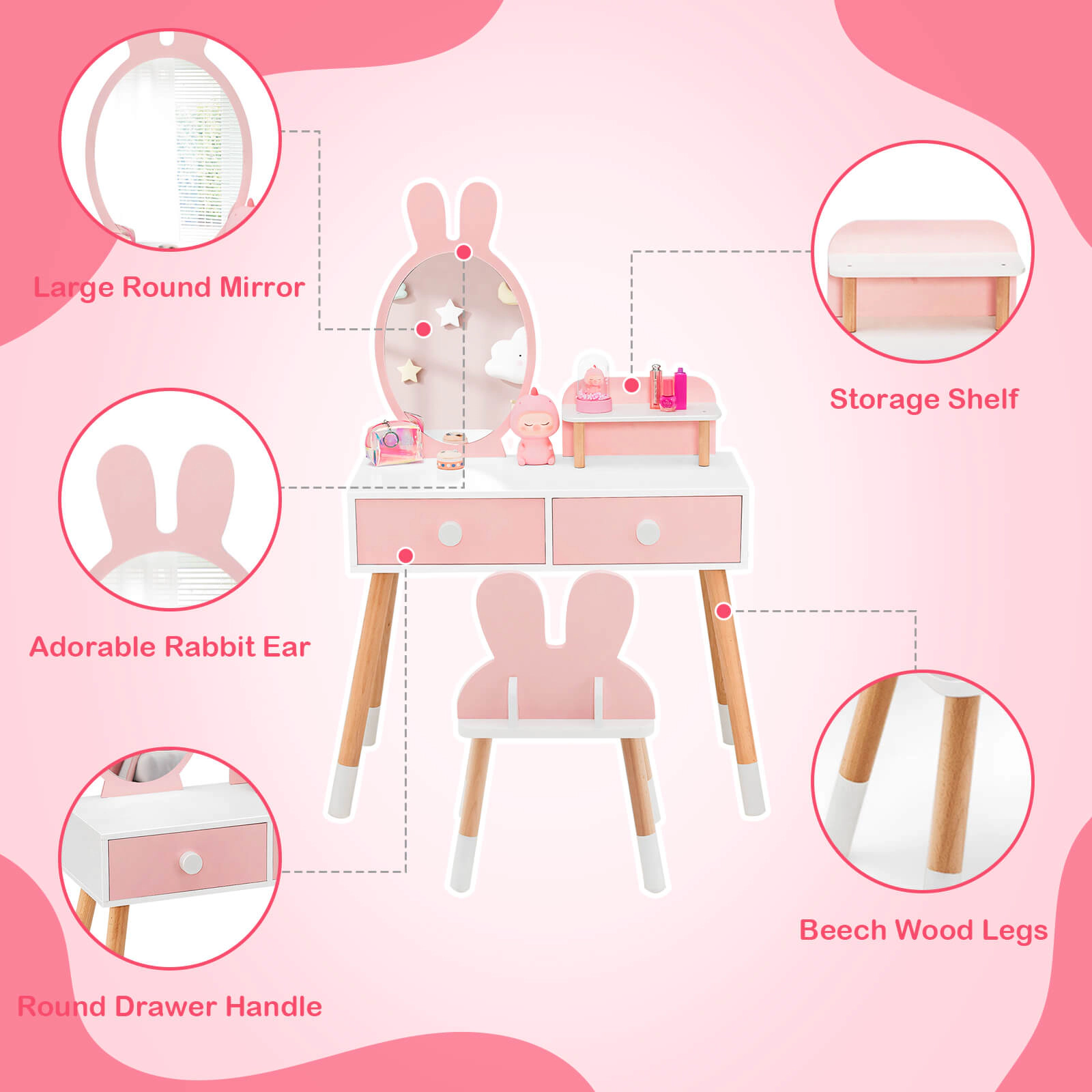 SUGIFT Kids Vanity Table & Chair Set with Drawer Shelf & Rabbit Mirror 66-lb Tabletop 110-lb Stool Capacity Pink/White