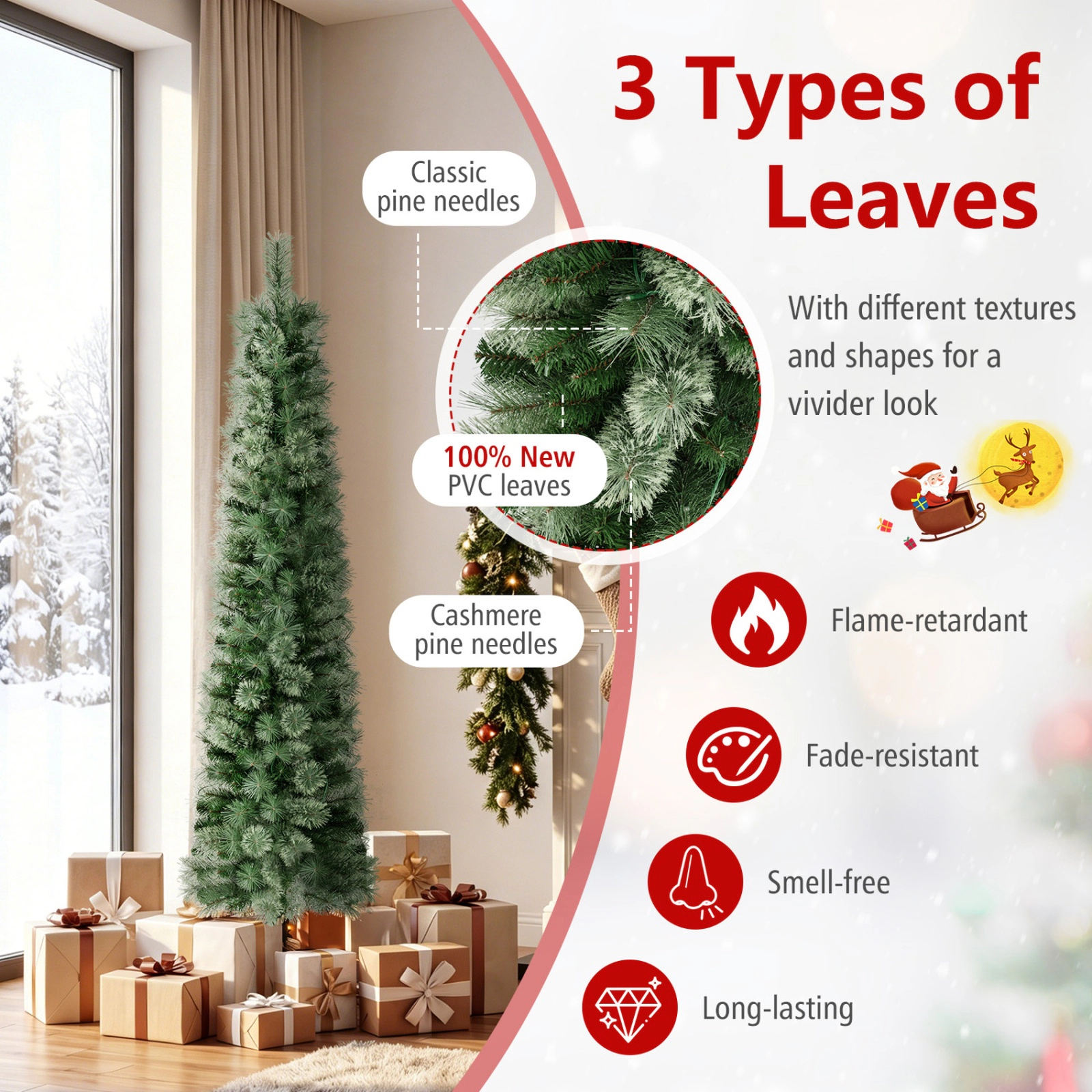SUGIFT Pre-Lit Pencil Artificial Christmas Tree 6/7/8-ft with 120/150/200 LED Warm White Lights and 8 Modes Green