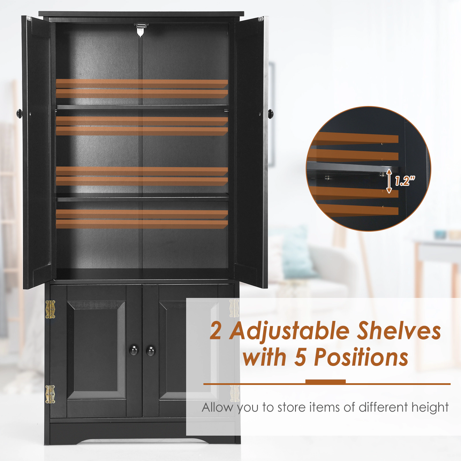 SUGIFT 49-in Tall 24-in Wide Black Antique Accent Storage Cabinet with 2 Doors and 5-Height Adjustable Shelves