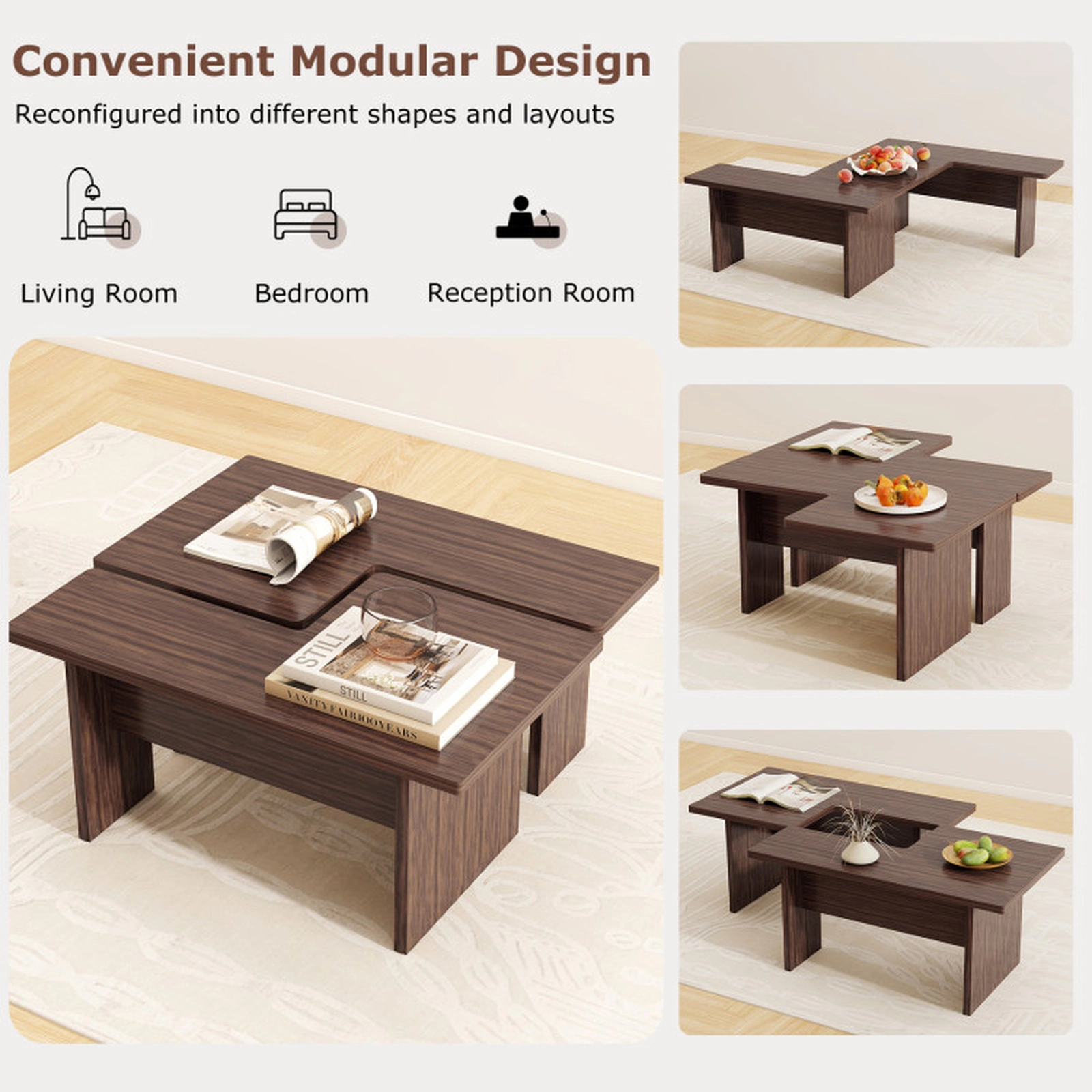 SUGIFT Set of 2 Modular L-Shaped Coffee Tables, Walnut, 35.5 in