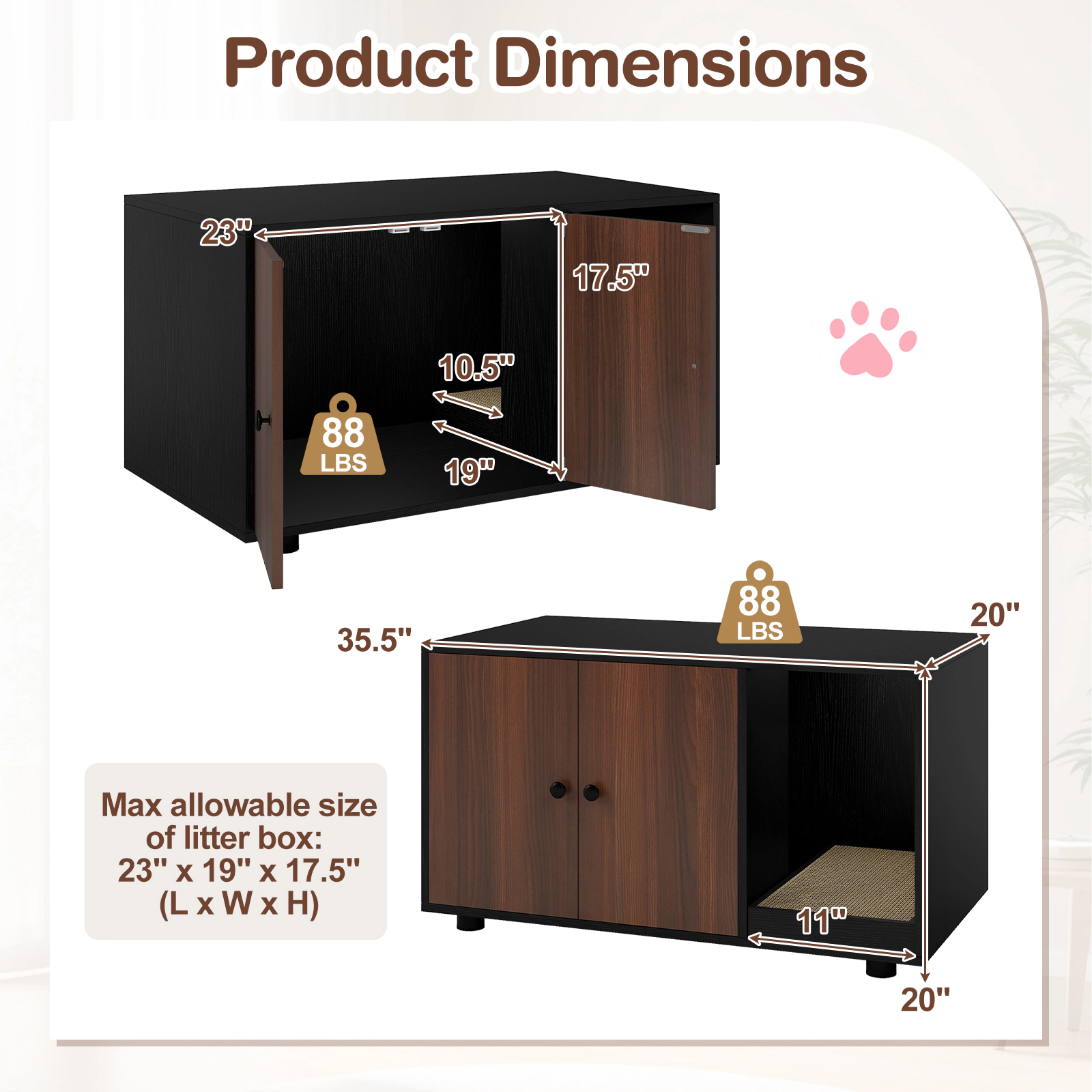 SUGIFT Black Cat Litter Box Furniture with Scratching Board 35.5-in W 20-in D 20-in H 88-lb Tabletop Capacity