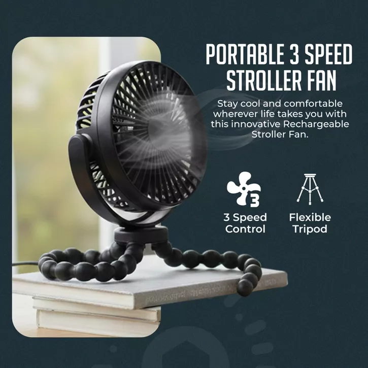 Luminuxe Portable Stroller Fan 3 Speed Rechargeable Flexible Tripod Clip-On Fan w/ Rotatable Design, USB-C Wire Included