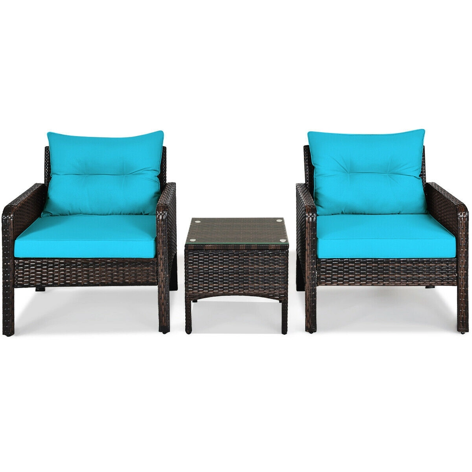 SUGIFT 3-Piece Turquoise Outdoor Wicker Patio Conversation Set with Glass Table