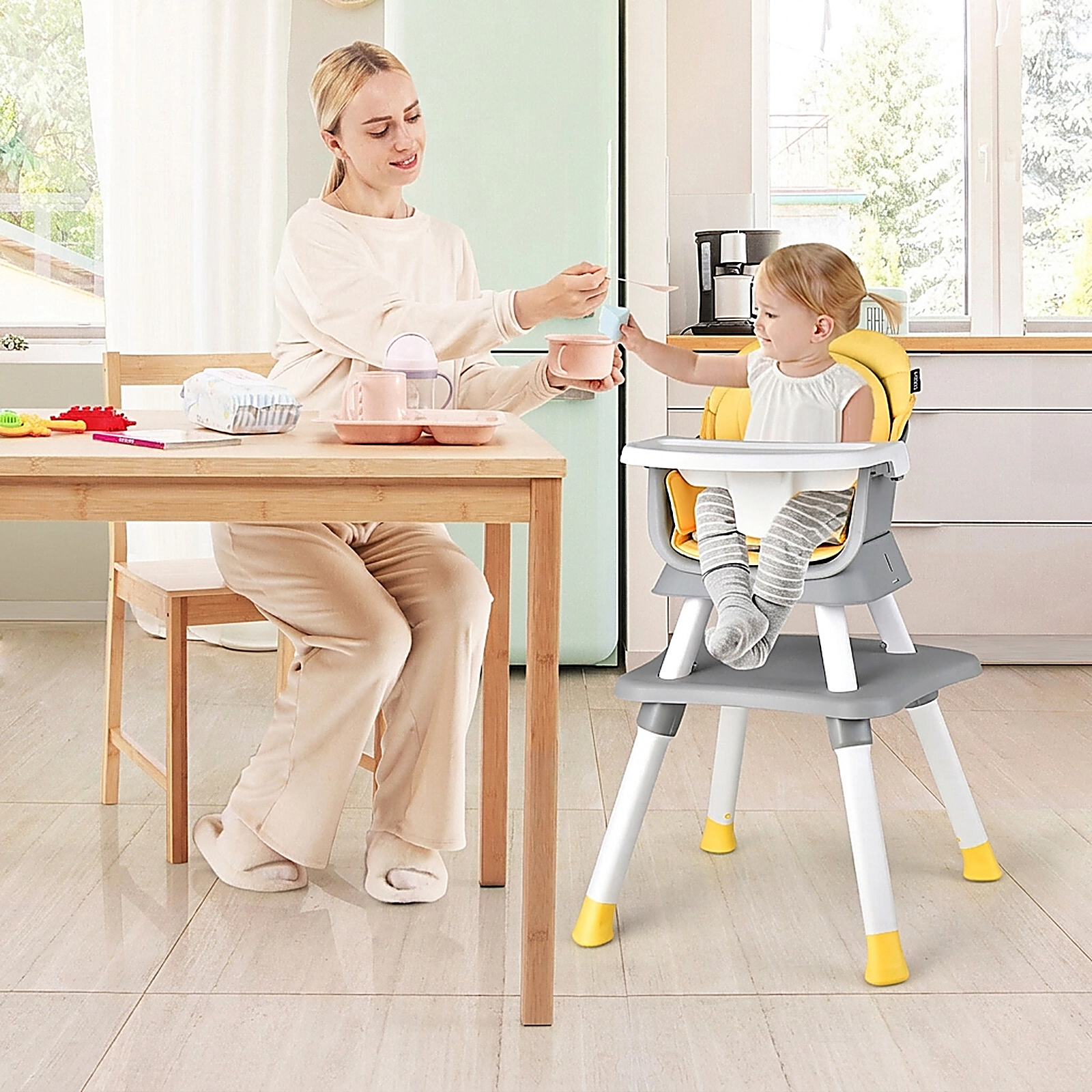 SUGIFT 6-in-1 Convertible Baby High Chair with Adjustable Removable Tray 55-lb Capacity Ages 6-36 Months Yellow