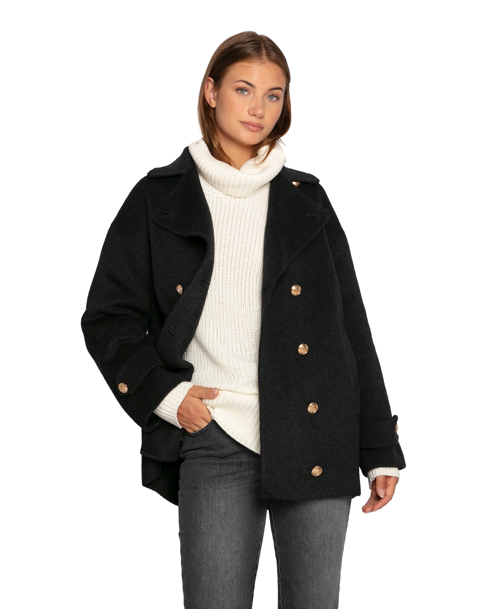 Belle & Bloom Right and Forward Double Breasted Wool Blend Pea Coat