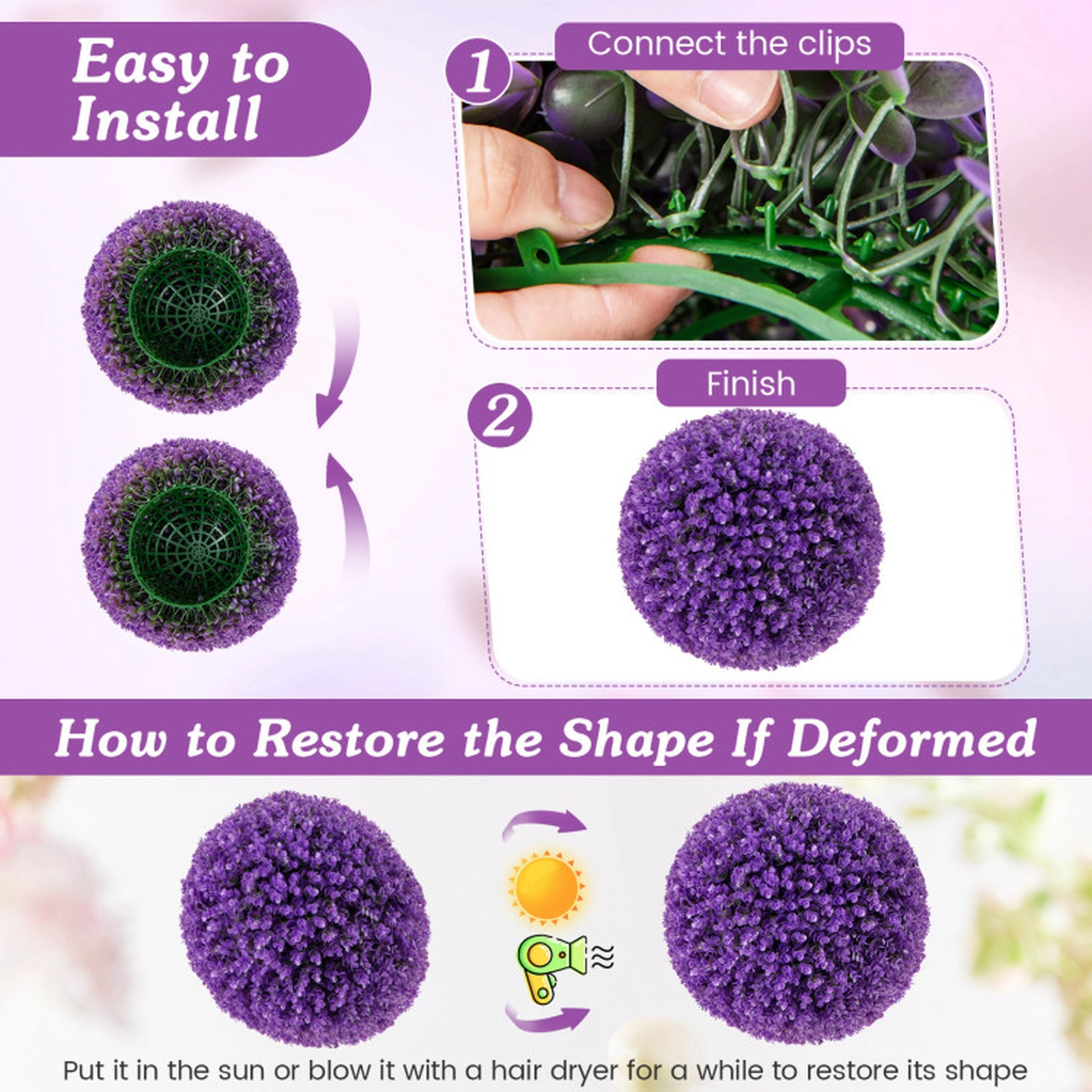 SUGIFT Set of 2 17.5-in Faux Eucalyptus Decorative Balls with 7-Layer Purple Leaves and Clip Setup