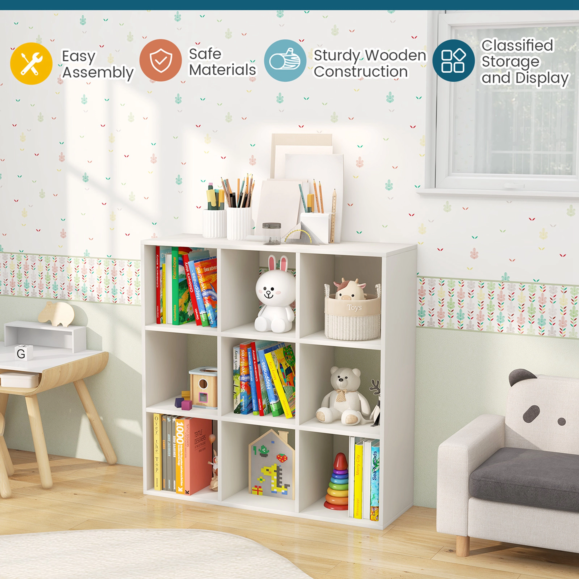 Costway 9-Cube Kids Toy Storage Organizer Wooden Children's Bookcase Display Bookshelf