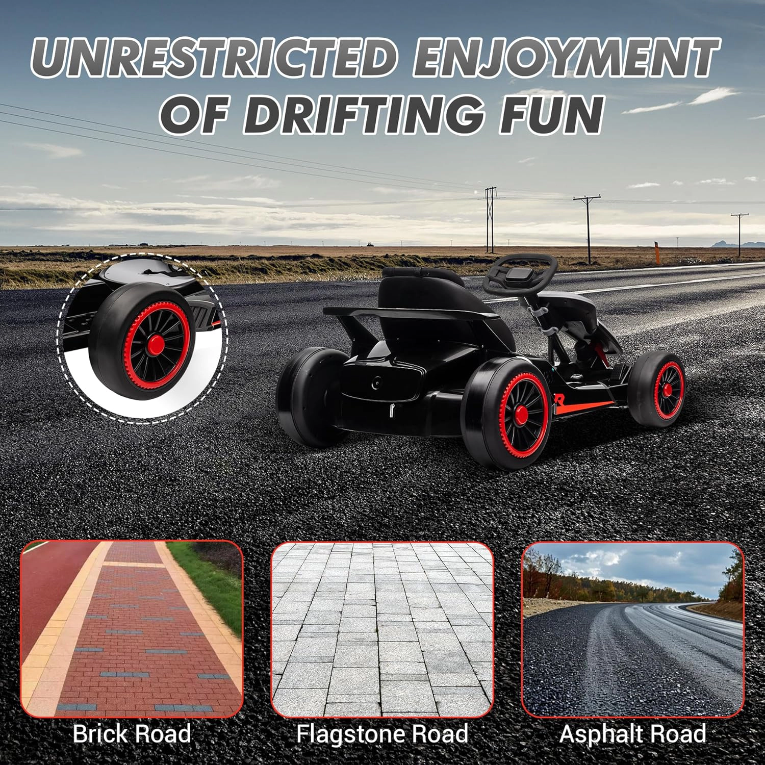 24V Kids Electric Drift Go Kart, 2×200W Motors, Adjustable Seat, LED Lights, Outdoor Ride-On Race Car for Ages 6-12