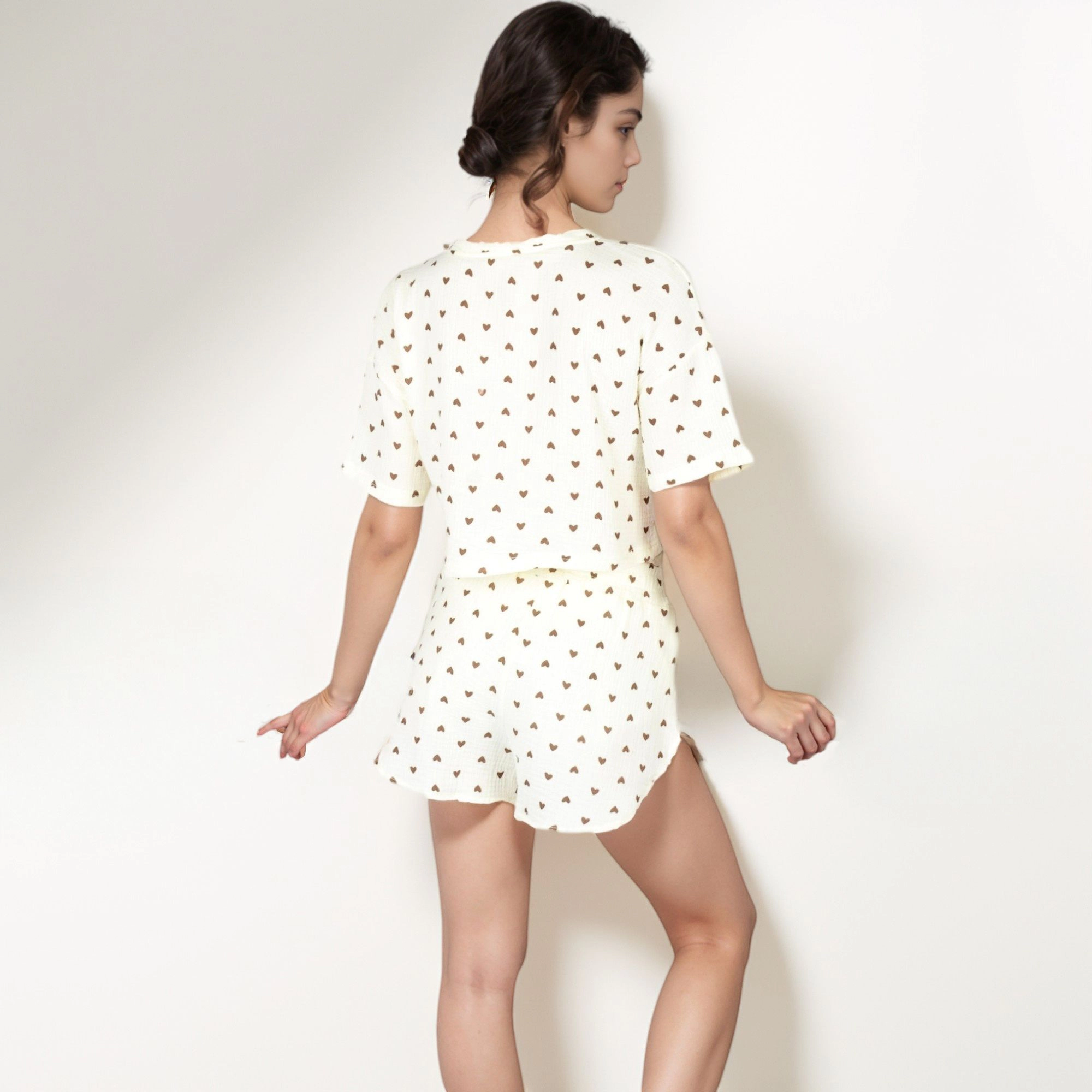 Anna-Kaci Women's Valentine Heart Print Waffle Knit Sleepwear Set with Cropped Tee and Elastic Waist Shorts