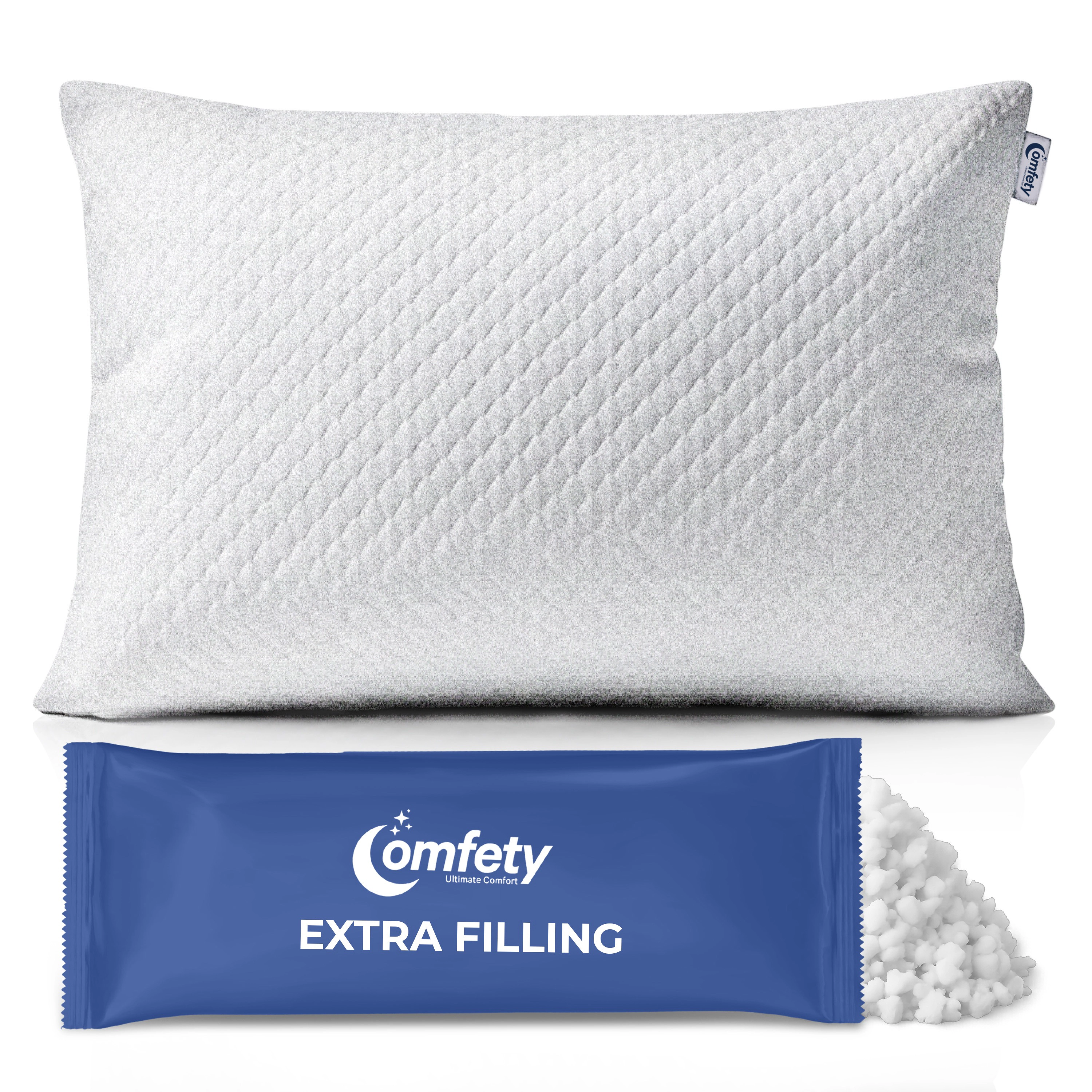 Comfety Memory Foam Pillow, Adjustable Firm Pillow w/ Shredded Memory Foam Fill, Supportive Pillows w/ Washable Cover