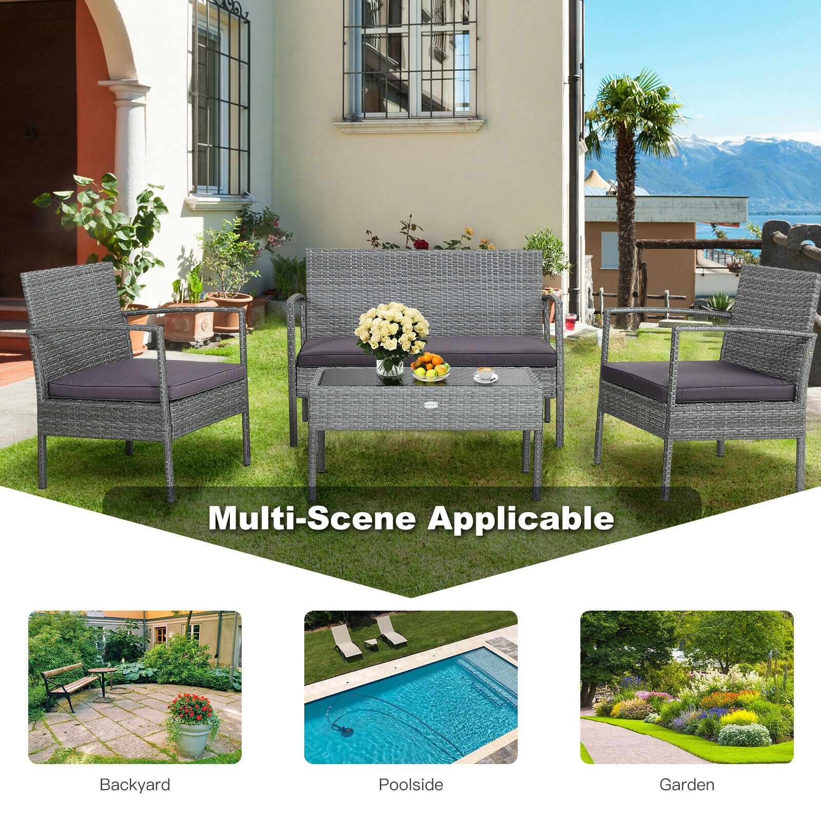 SUGIFT Gray Loveseat and Glass Coffee Table 4-Piece Outdoor Rattan Conversation Set