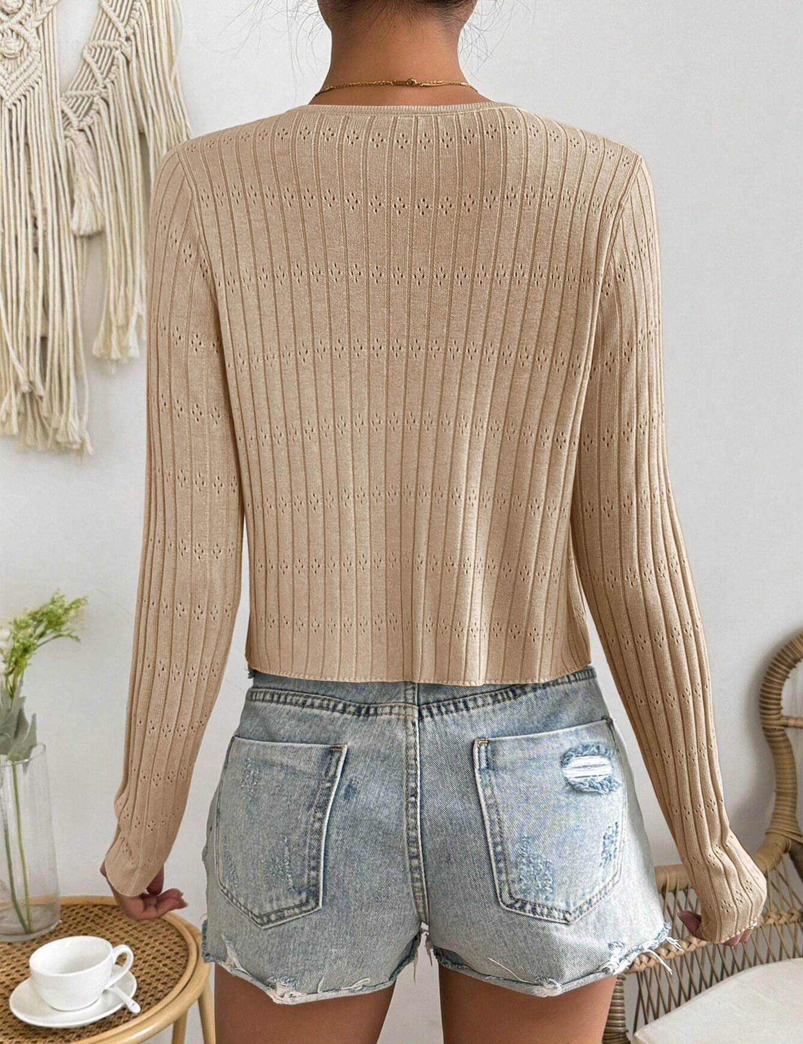KOJOOIN Cardigan Sweaters for Women Tie Front Long Sleeve Crop Shrugs Rib Knit Tops