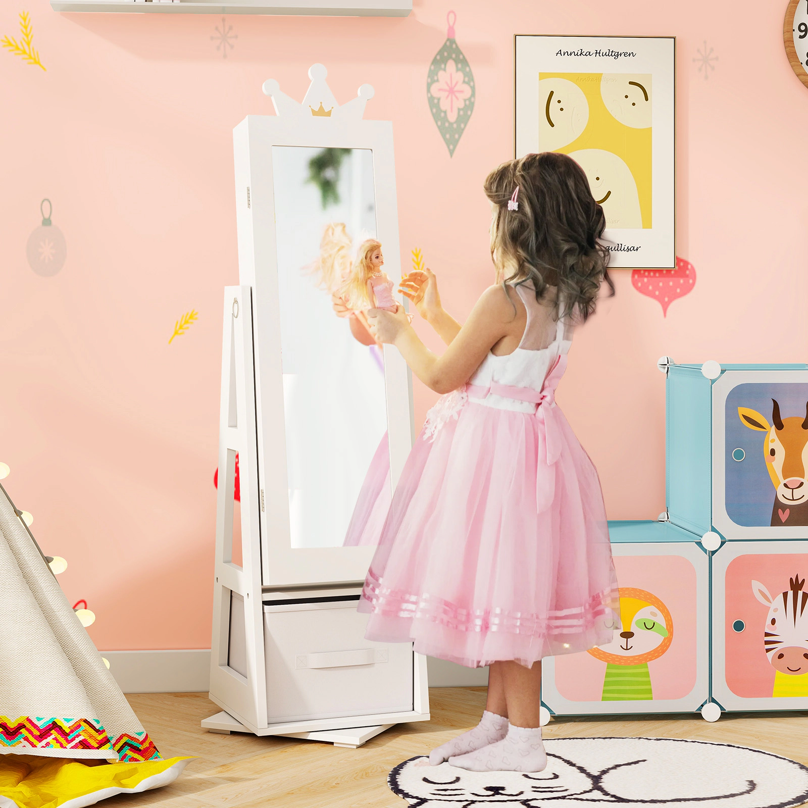 SUGIFT 46-in White Kids Jewelry Armoire with Full-Length Mirror and Swivel Cabinet for Bedroom Playroom