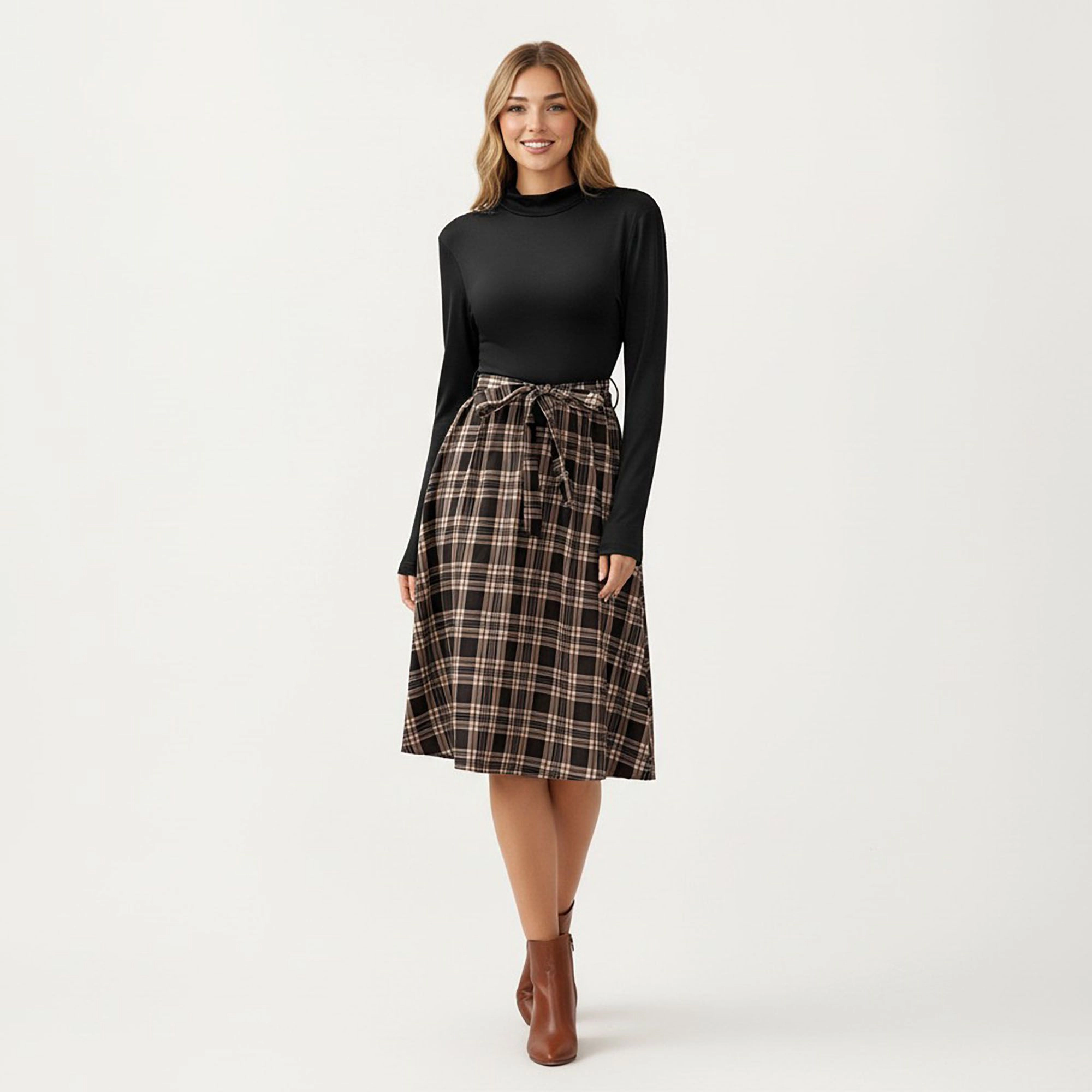 Anna-Kaci Women's Long Sleeve Turtleneck Plaid Waist Tie Dress