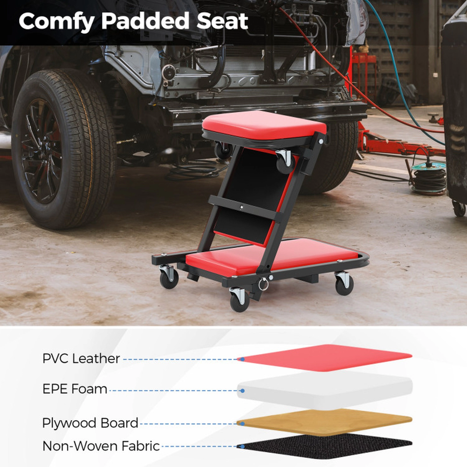 SUGIFT 40-in 2-in-1 Folding Automotive Creeper and Z-Shaped Stool with Padded Seat and 6 Wheels
