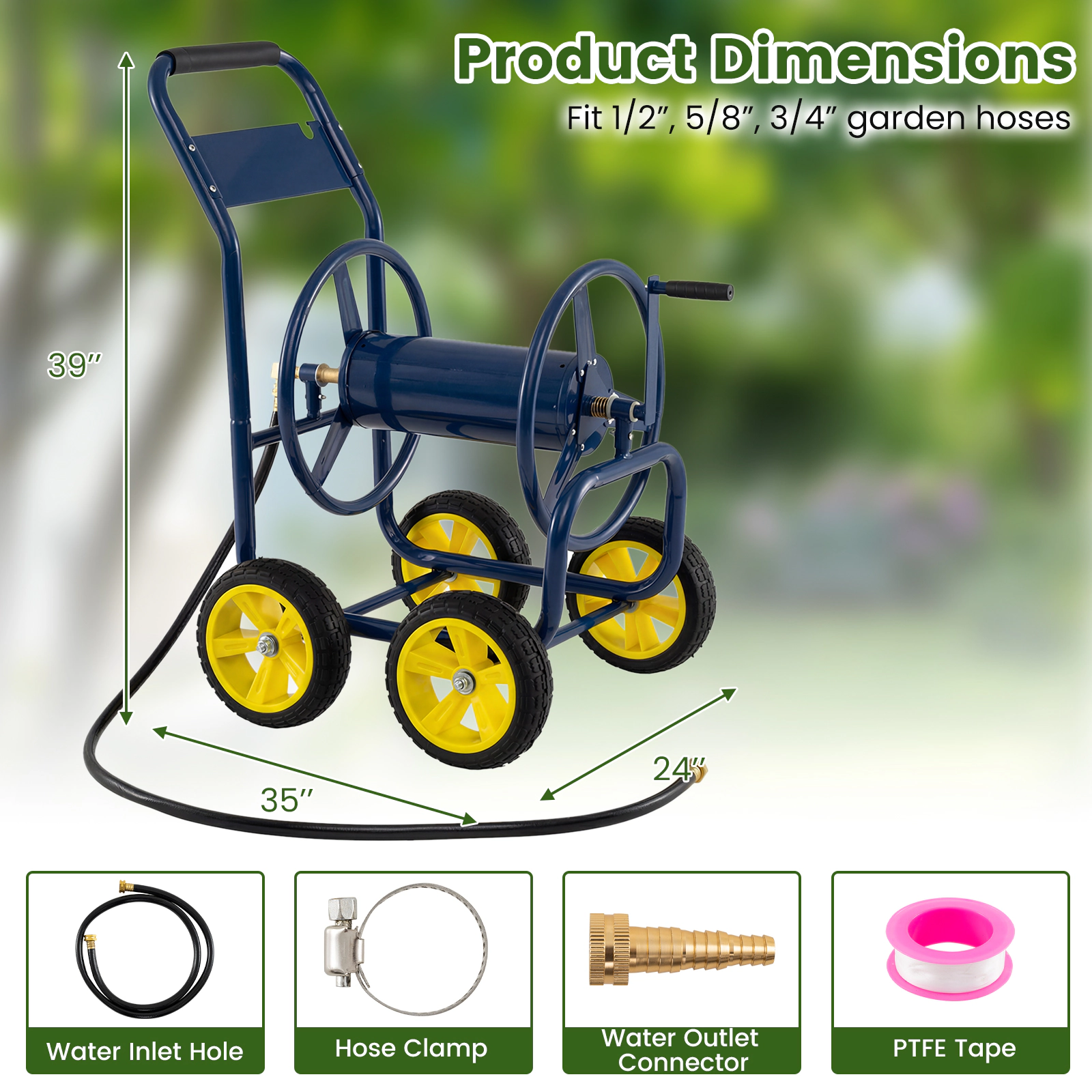 SUGIFT Navy Garden Hose Reel Cart with 4 Wheels Brass Fittings and Metal Frame for 330-ft of 5/8-in Hose