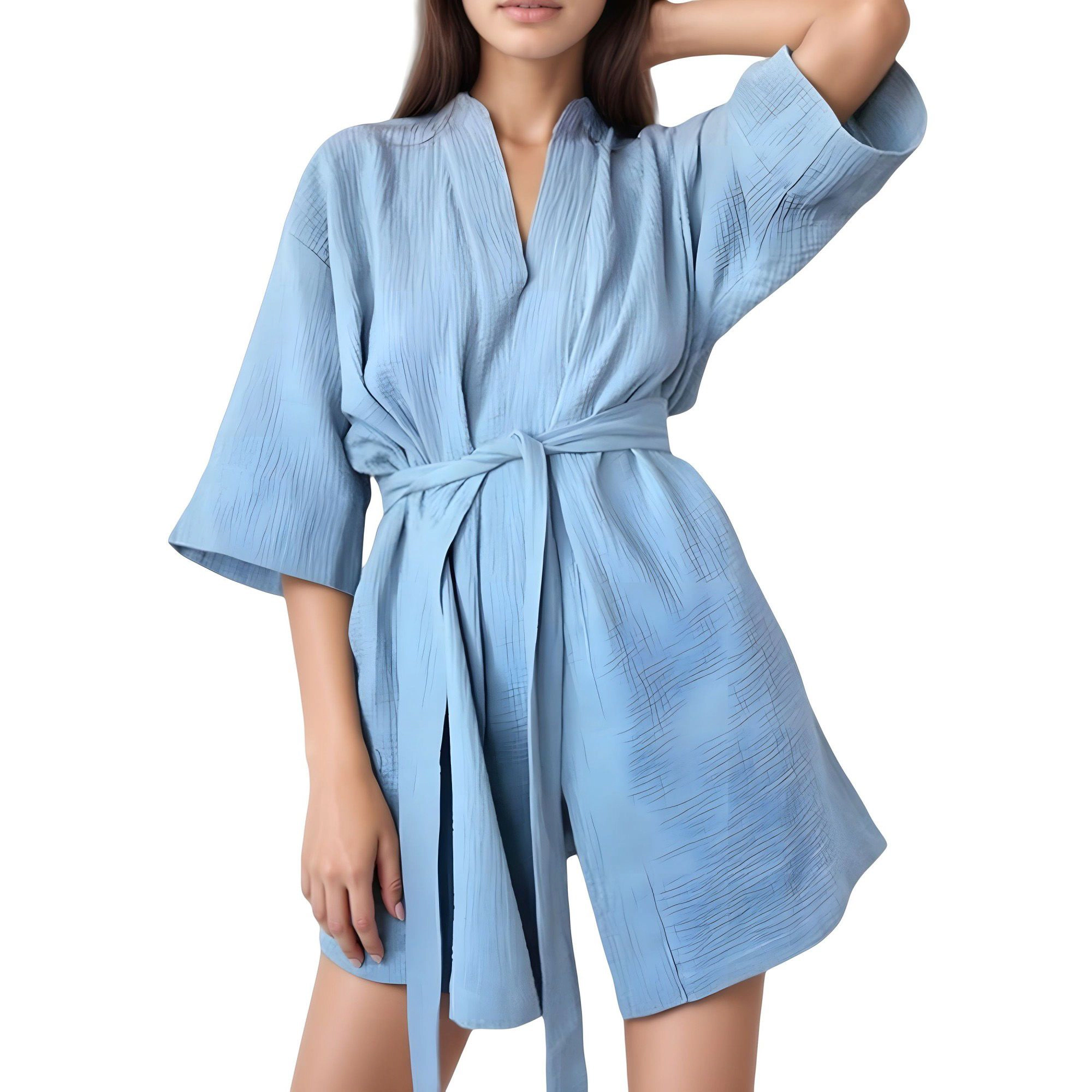 Anna-Kaci Women's Woven Textured Bath Robe with Waist Tie and Wide Sleeves