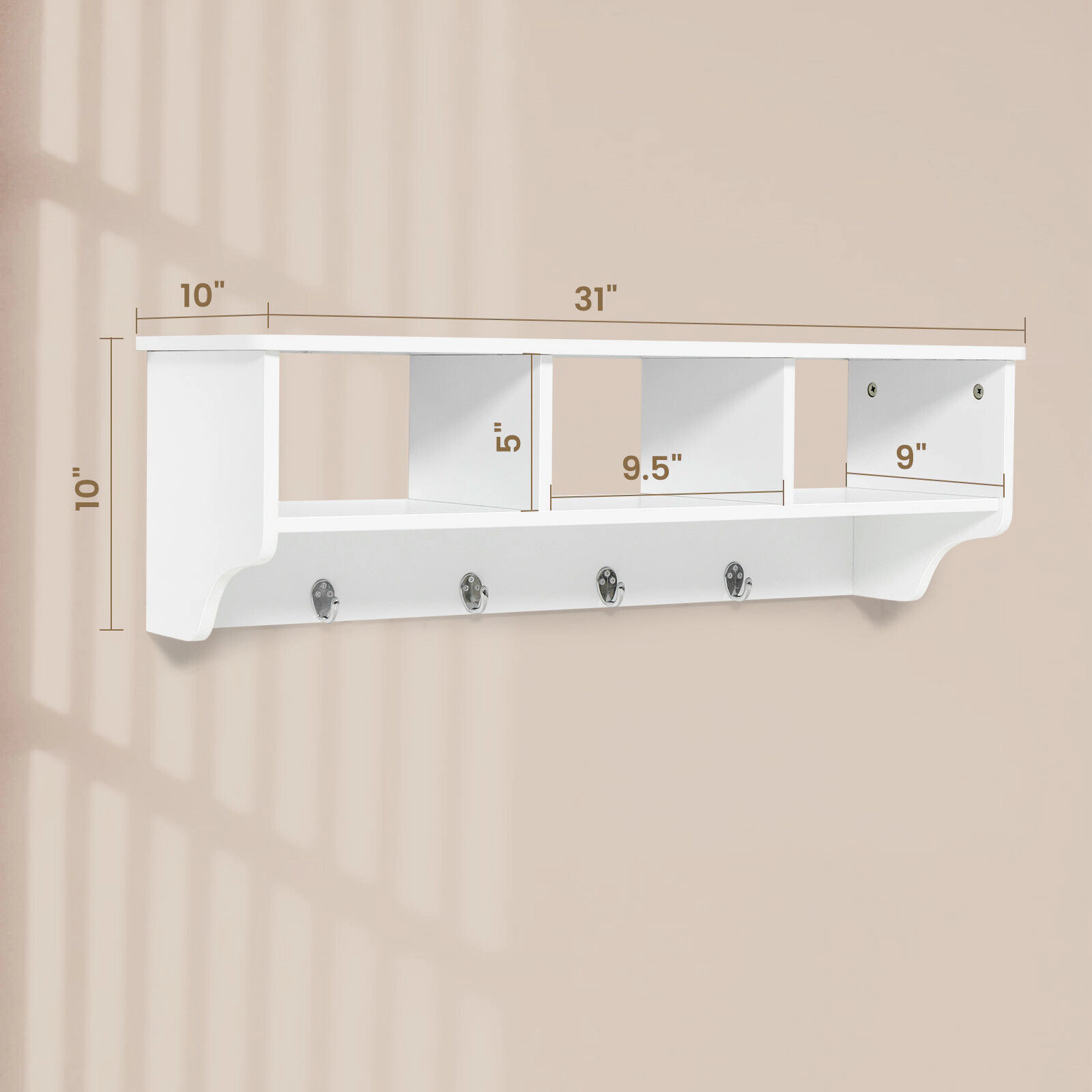 SUGIFT Wall Mount Cubby Organizer White Entryway Storage Shelf with 4 Hooks