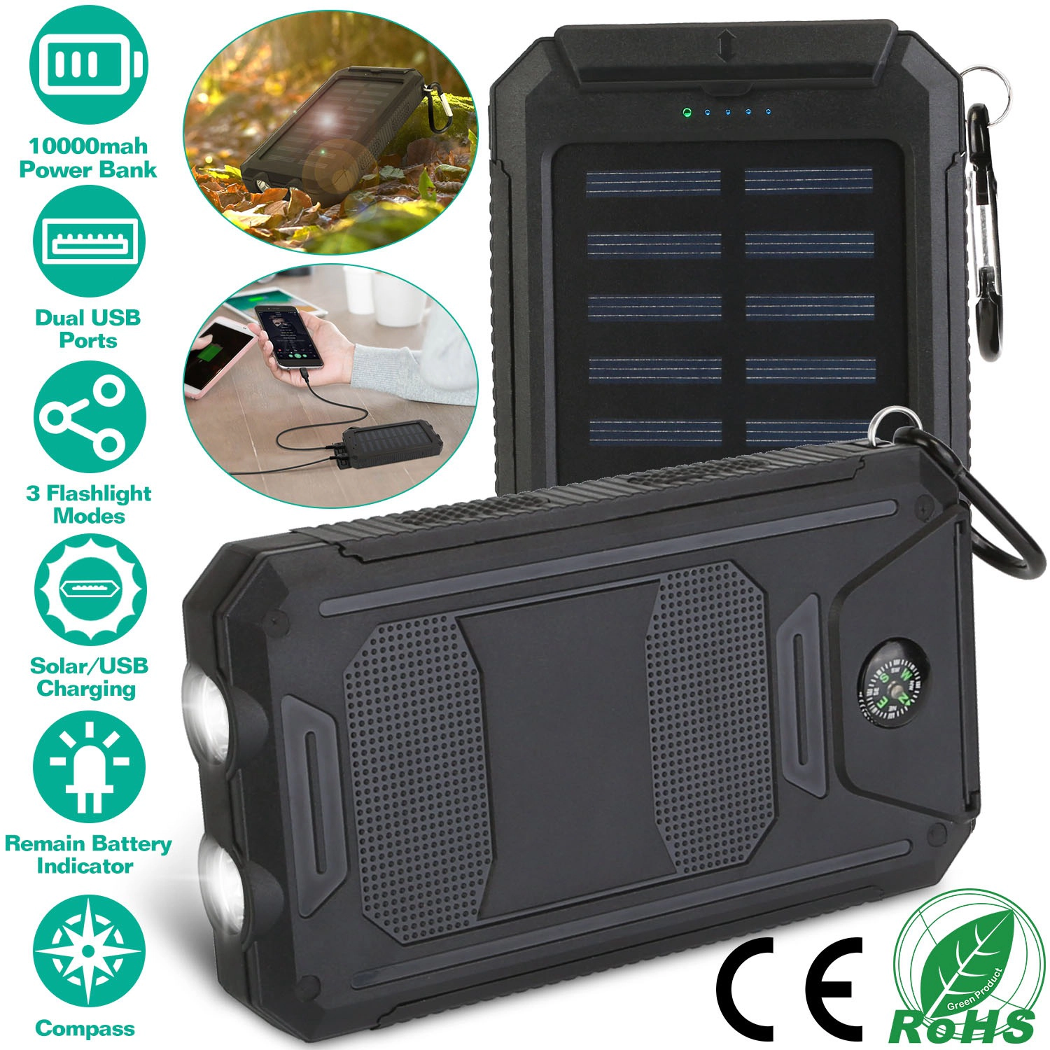 GBruno Solar 10000mAh Power Bank With LED Flashlight
