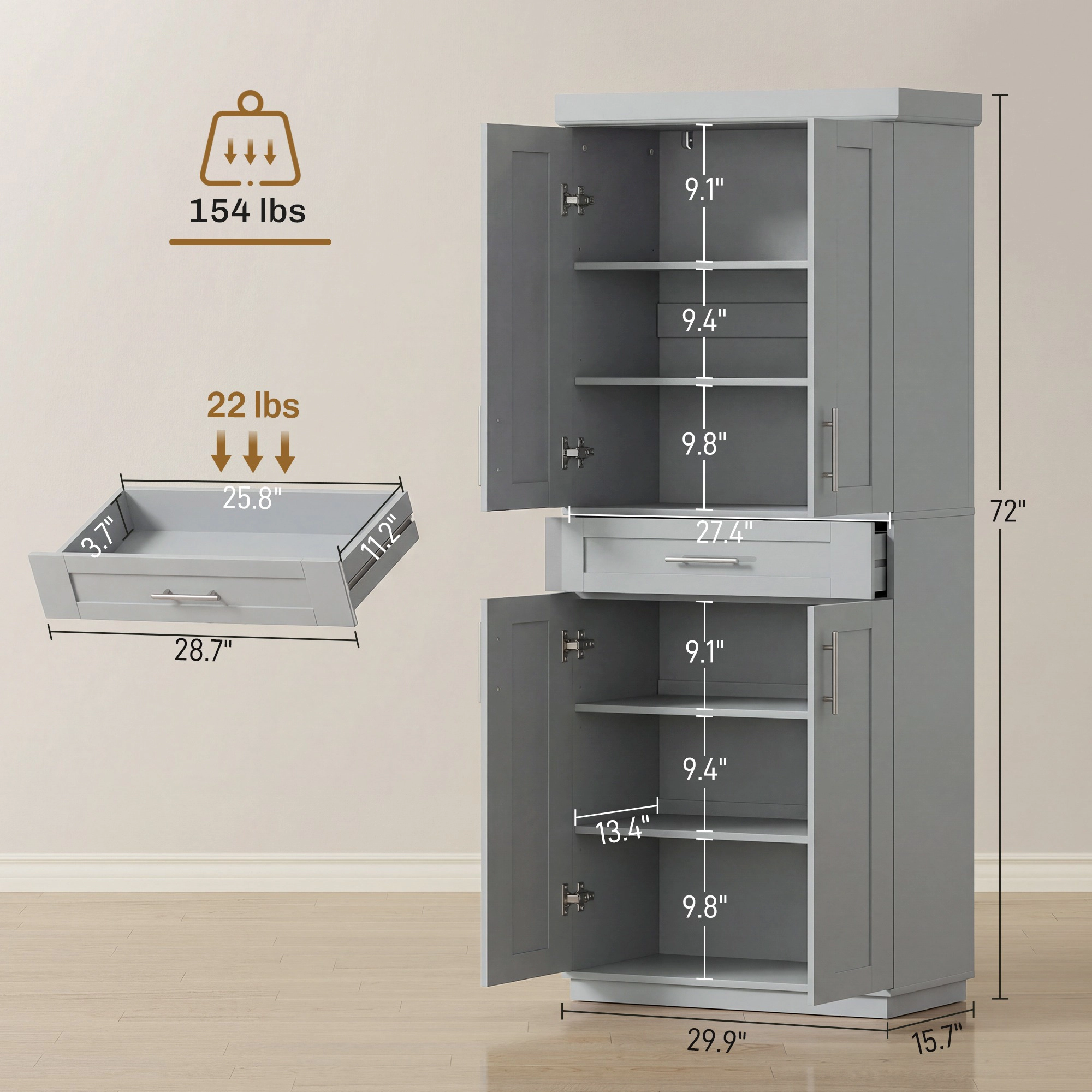 HONGGE Modern Kitchen Pantry Freestanding Cabinet Cupboard with Doors and Drawer Adjustable Shelving