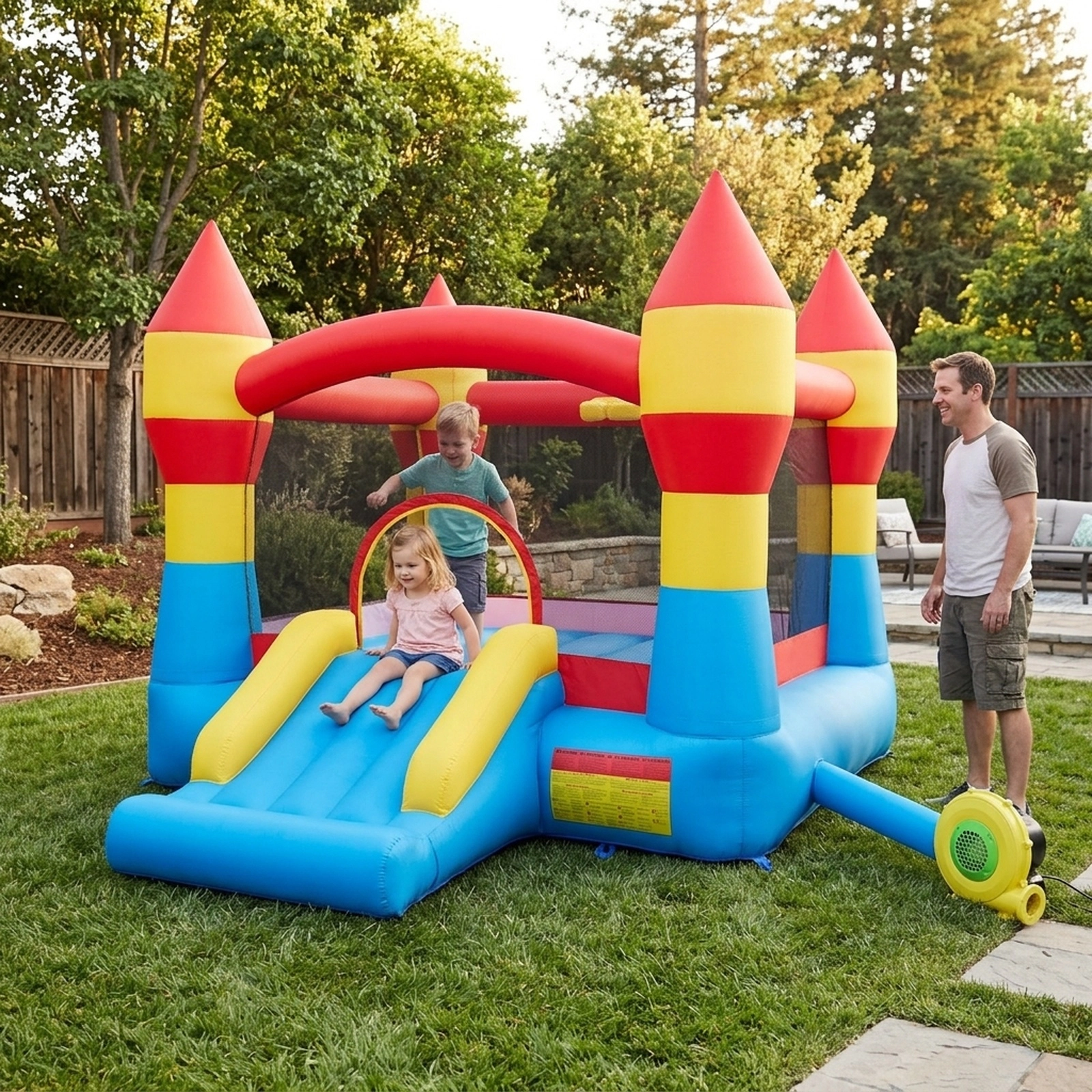 3-in-1 Kids Inflatable Bouncer with Slide Basketball Hoop Crawl-Thru Door and 480W Blower for Yard 200-lb Capacity