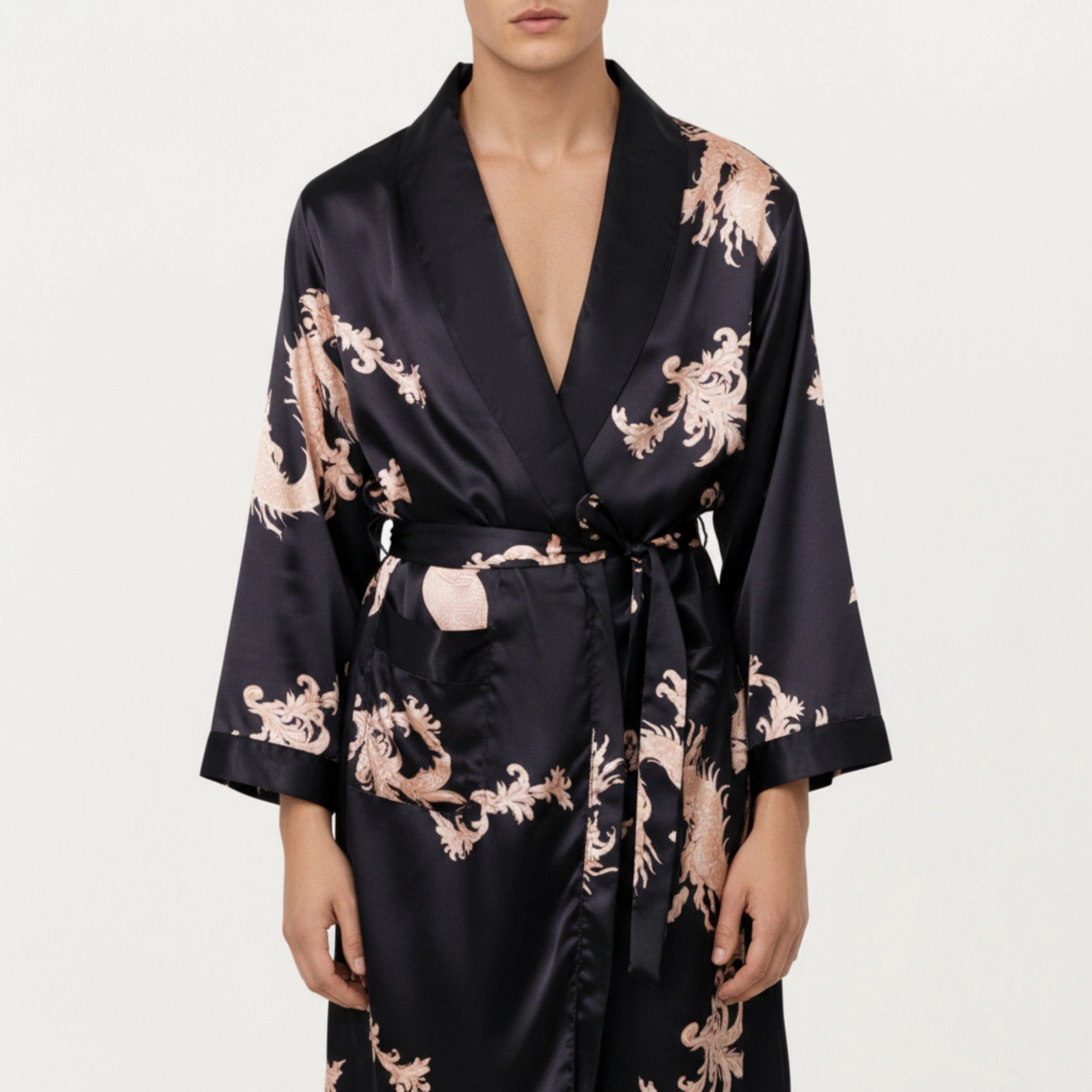 Anna-Kaci Men's Satin Robe with Baroque Print Shawl Collar and Waist Tie