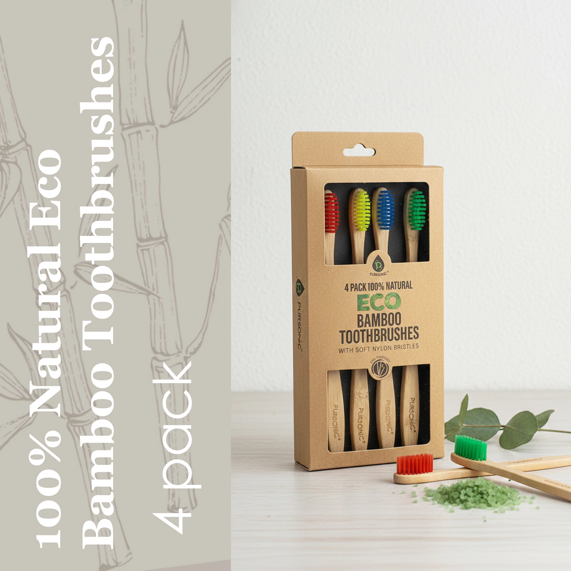 Pursonic Unisex 100% Natural Eco Bamboo Toothbrushes – 4 Pack
