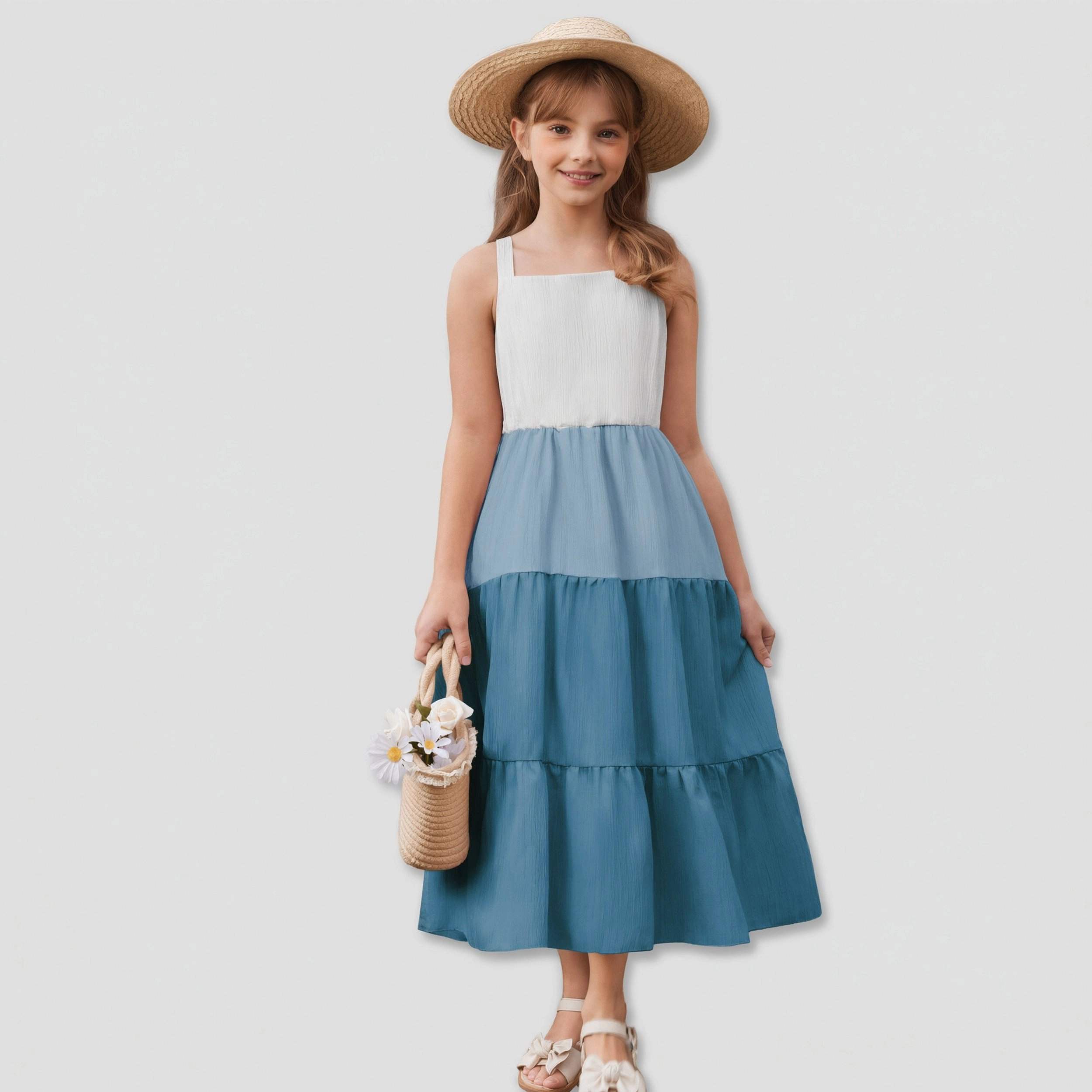Arshiner Little Girl Summer Boho Spaghetti Strap Square Neck Dress Kids Sleeveless Sun Dresses
