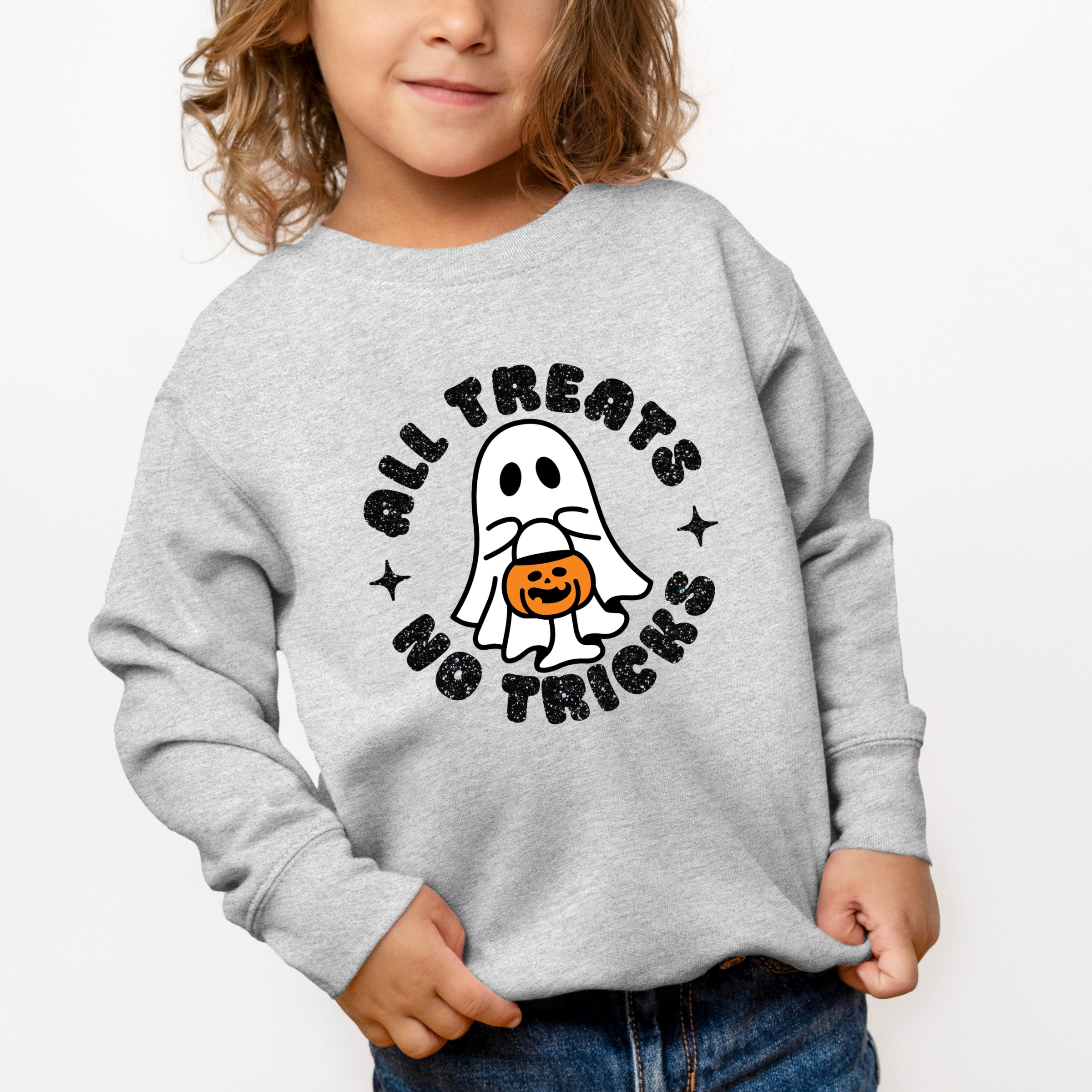 The Juniper Shop - Toddler Graphic Sweatshirt All Treats No Tricks Ghost Glitter