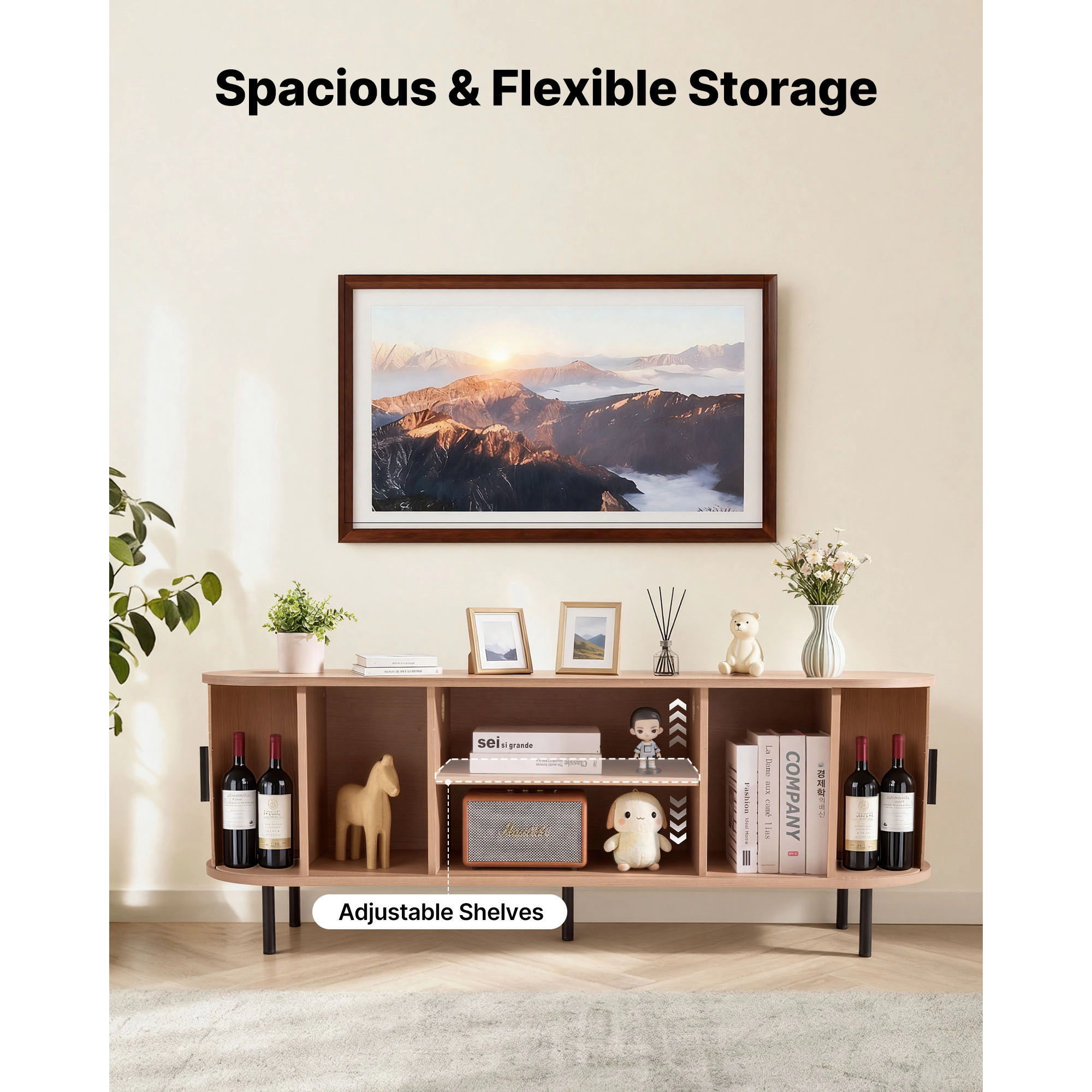 HONGGE Boho Entertainment Center for TVs up to 58 in, 350 lbs Load, with Adjustable Storage Shelves and Rolling Door