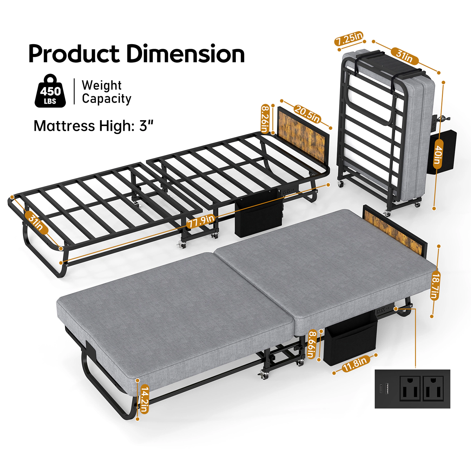 Flynama 78"×31" Folding Guest Bed with Headboard, 3" Memory Foam, USB & Wheels