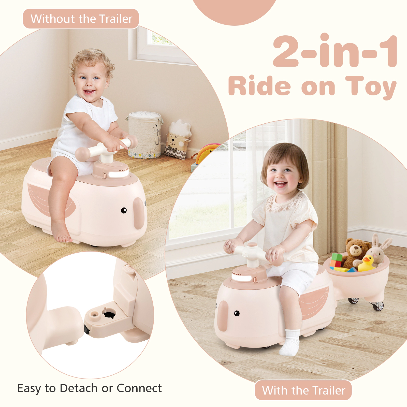 SUGIFT Foot-to-Floor Toddler Ride-On Toy with Trailer and Light Music 55-lb Capacity Ages 12 Months+ Beige