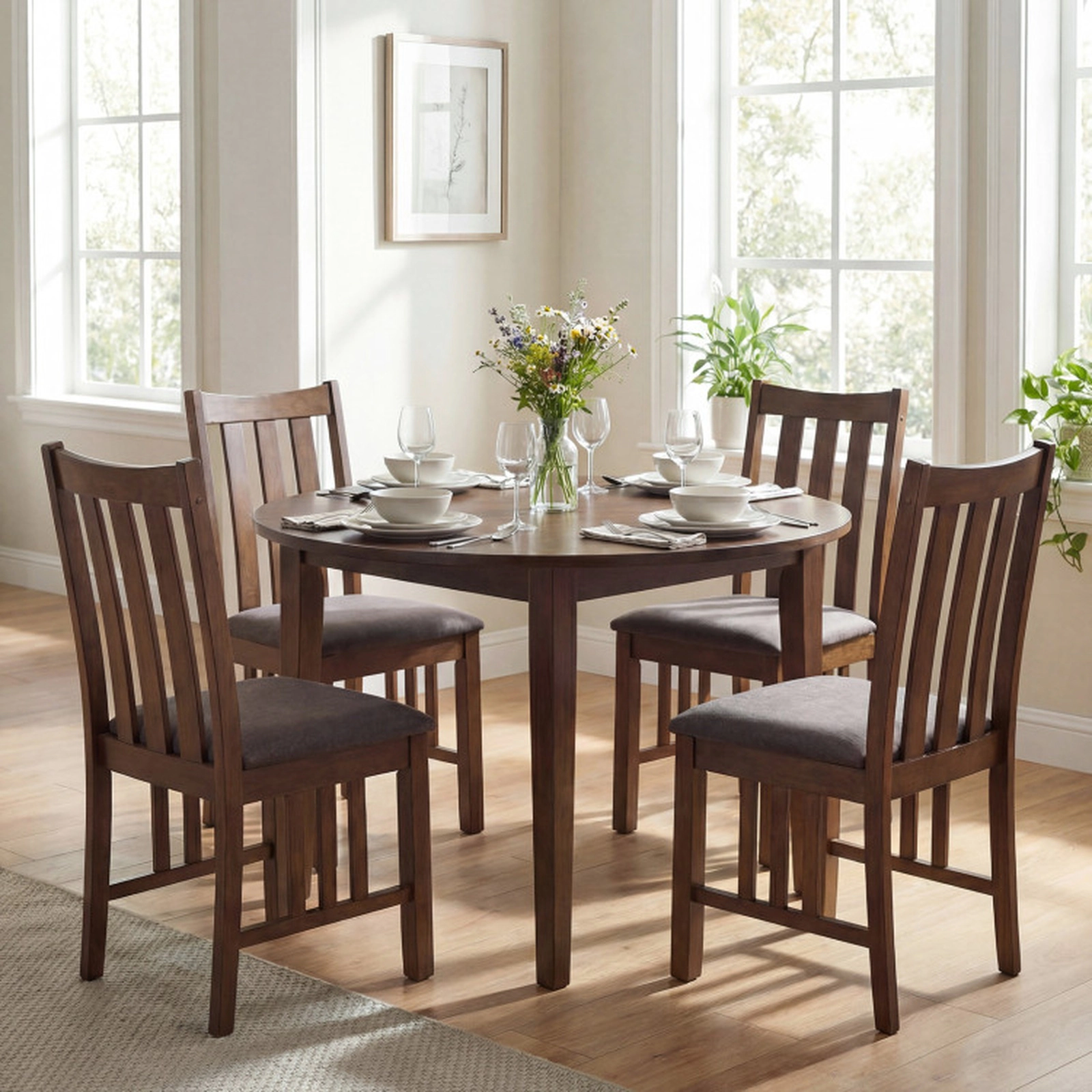 SUGIFT Rubber Wood Slat Back Dining Side Chairs Set of 4 330-lb Capacity Brown and Brownish Gray