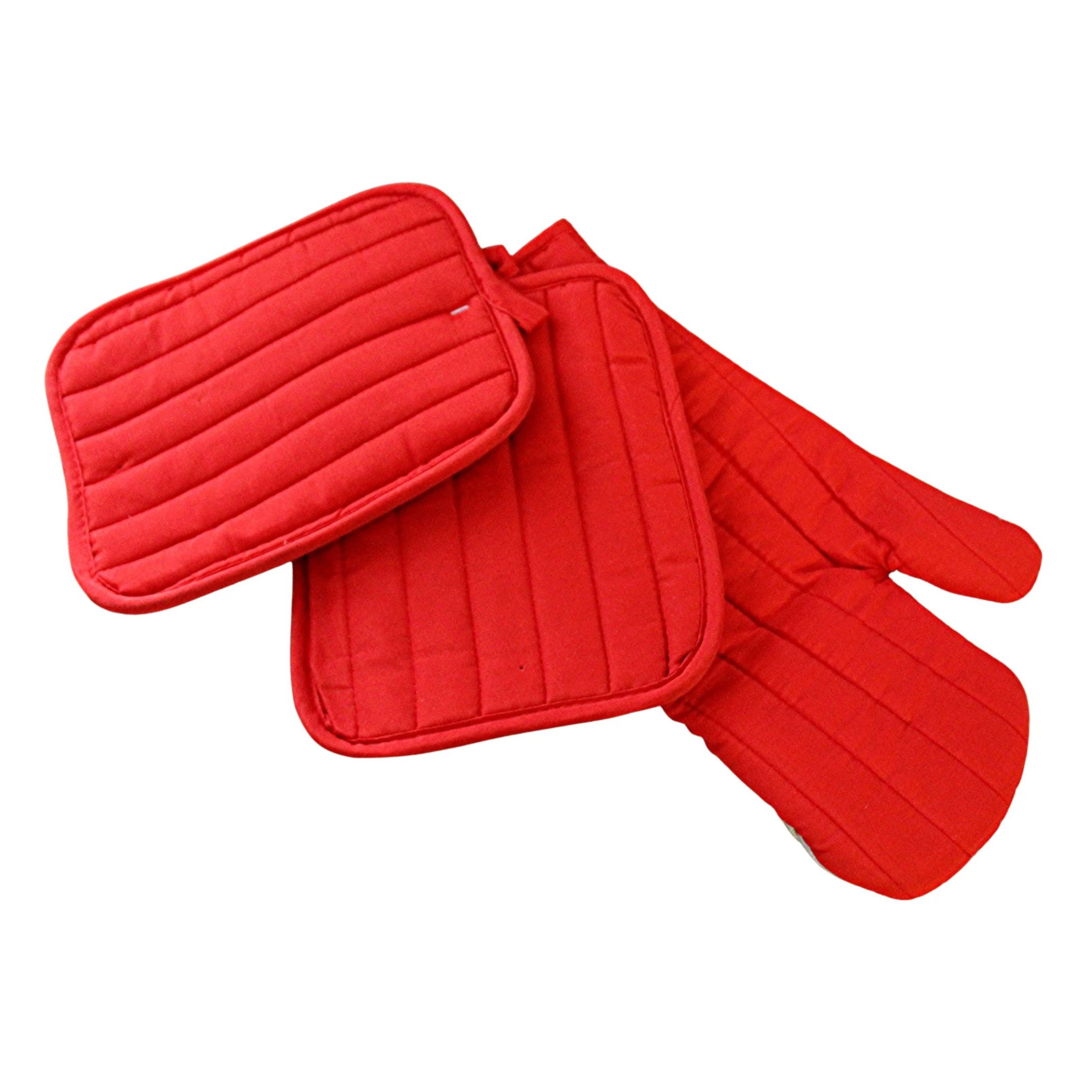 Home Collection 3 Piece Red Oven Mitt & Potholder Set Heat Resistant
