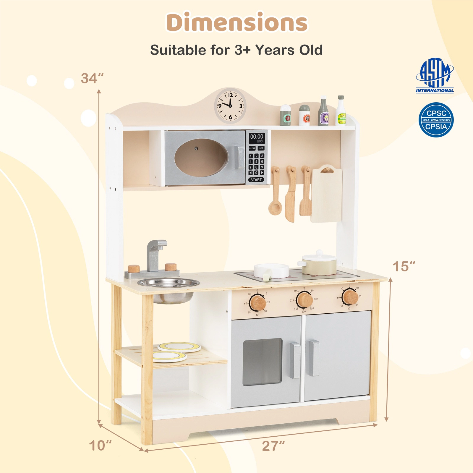 SUGIFT Wooden Play Kitchen Cooking Toy Playset with 13 Accessories for Kids Ages 3+ 27-in Wide White Natural Gray