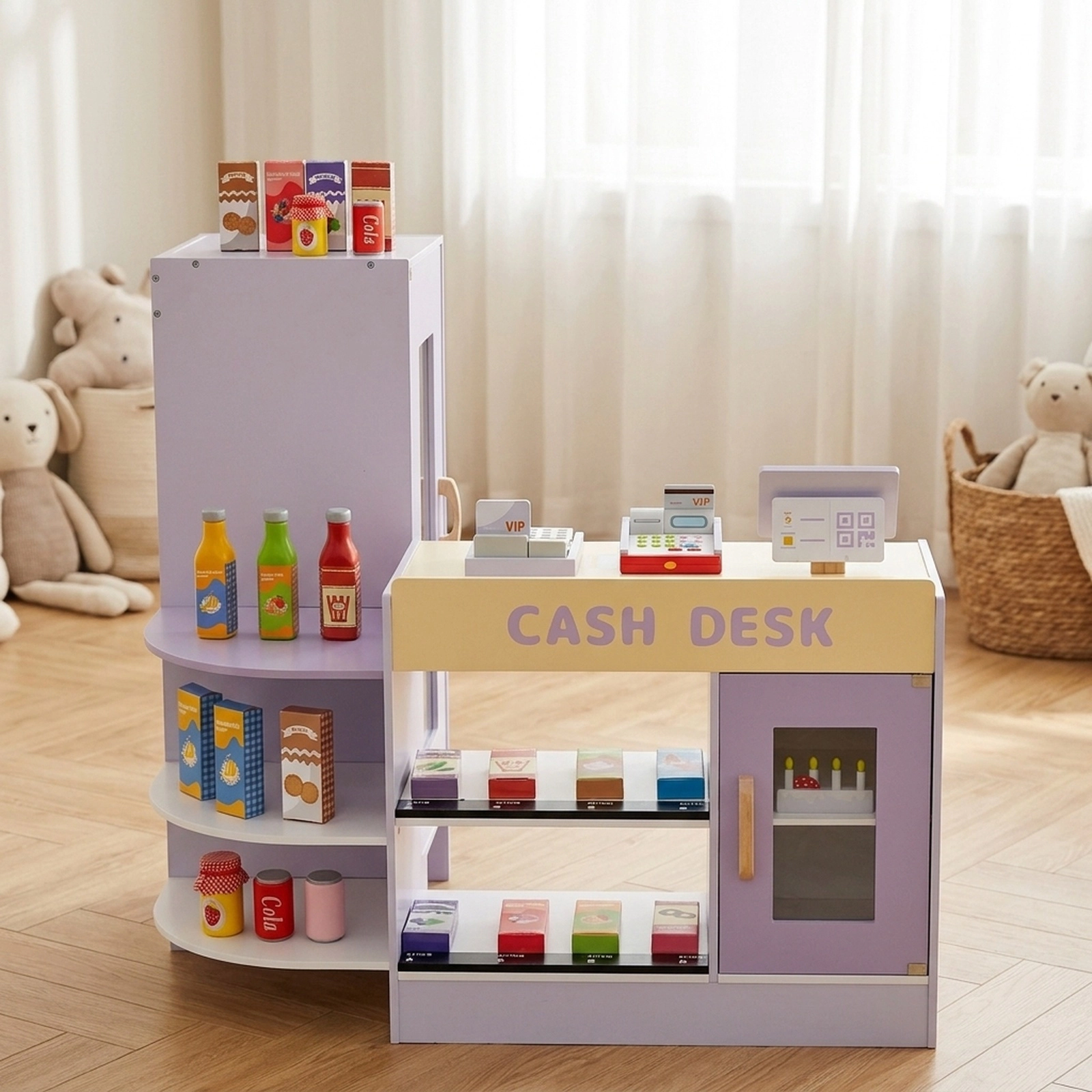 Kids Wooden Supermarket Playset Vending Machine Cash Register 13-pc Accessories 35-in Grocery Store Ages 3-8