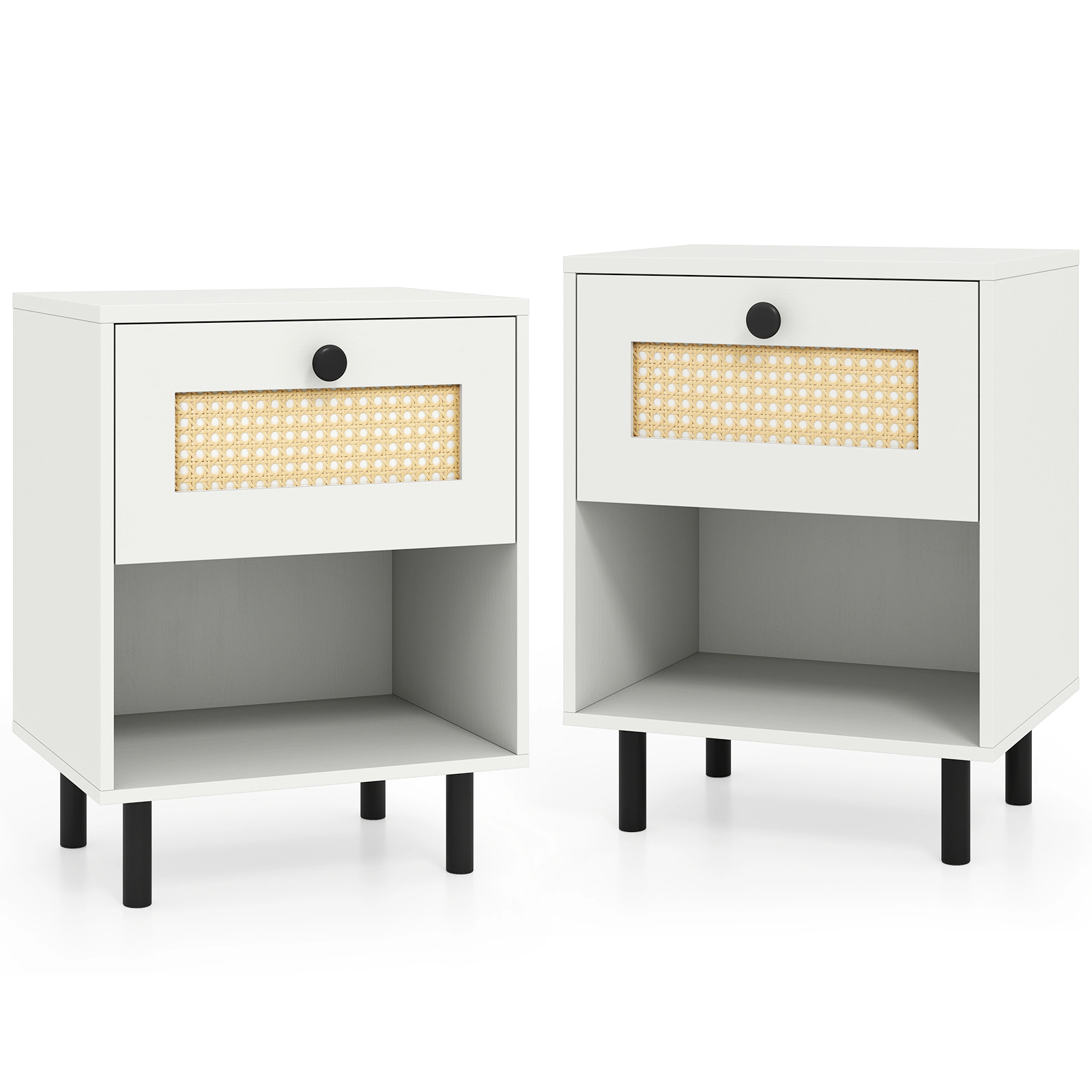 SUGIFT Set of 2 White Boho Nightstands, Rattan Drawer Fronts and Open Cubby